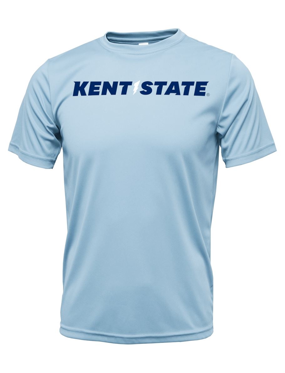 Kent State Bolt Logo Light Blue Dri-Style T-Shirt featuring moisture-wicking fabric in a light blue color with bold navy Kent State lettering for comfortable Kent State University apparel.