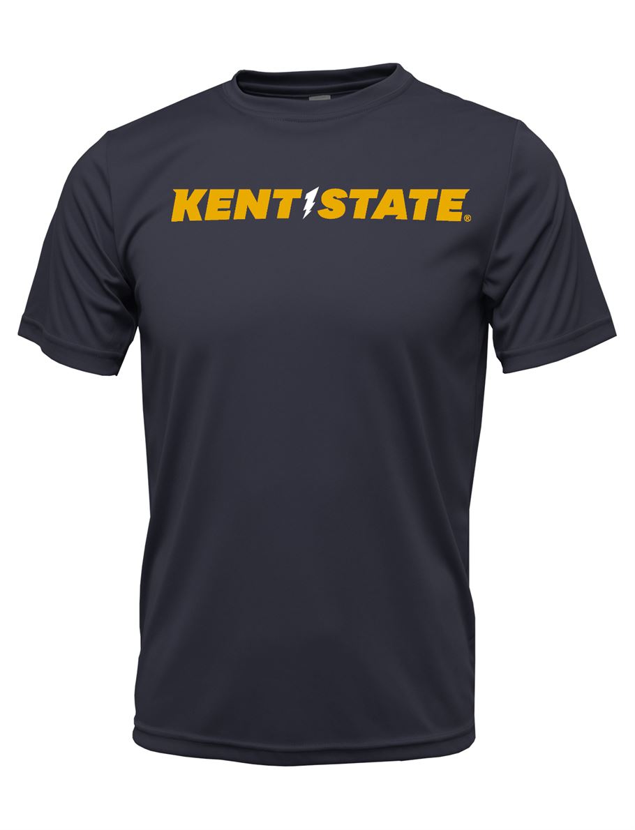 Kent State Bolt Logo Navy Dri-Style T-Shirt featuring a navy blue color with bright yellow Kent State text and bolt logo across the chest, made from lightweight breathable fabric.