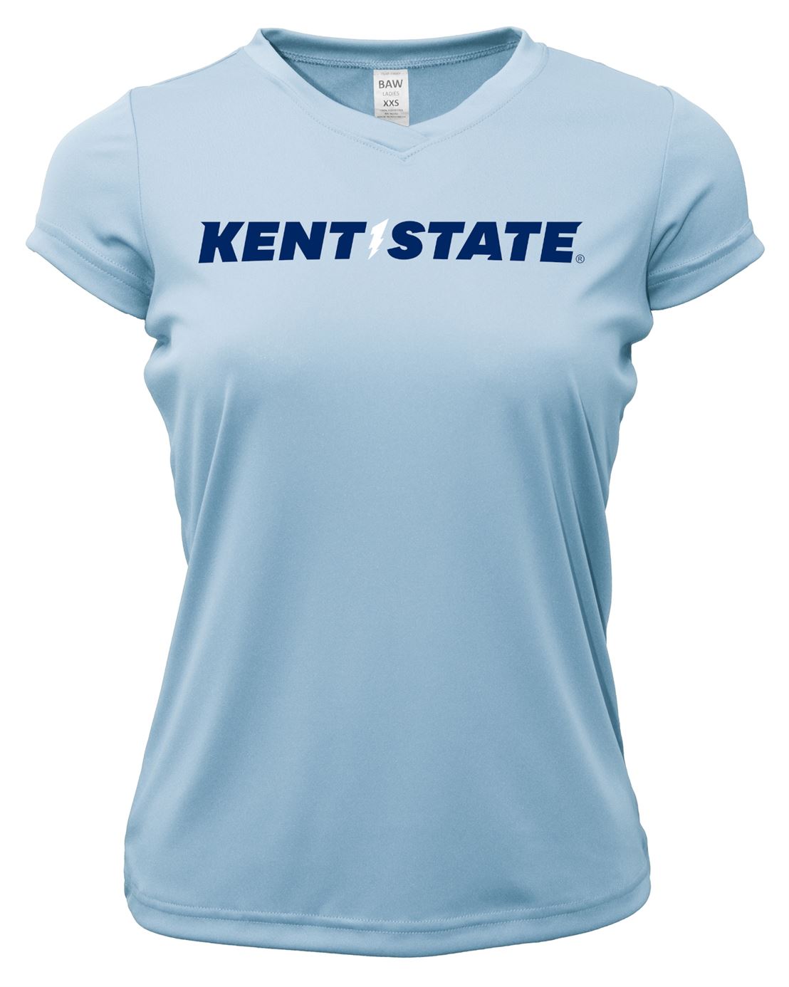 Women's Kent State Bolt Logo Light Blue V-Neck T-Shirt with navy blue Kent State text across the chest, featuring a comfortable short sleeve design perfect for Kent State apparel fans.