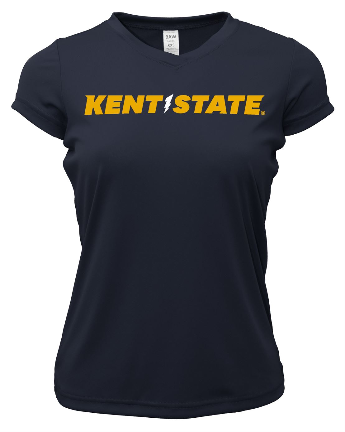 Women's Kent State Bolt Logo Navy V-Neck T-Shirt featuring bold golden flashes lettering and lightning bolt design, made of comfortable fabric perfect for Kent State apparel fans.