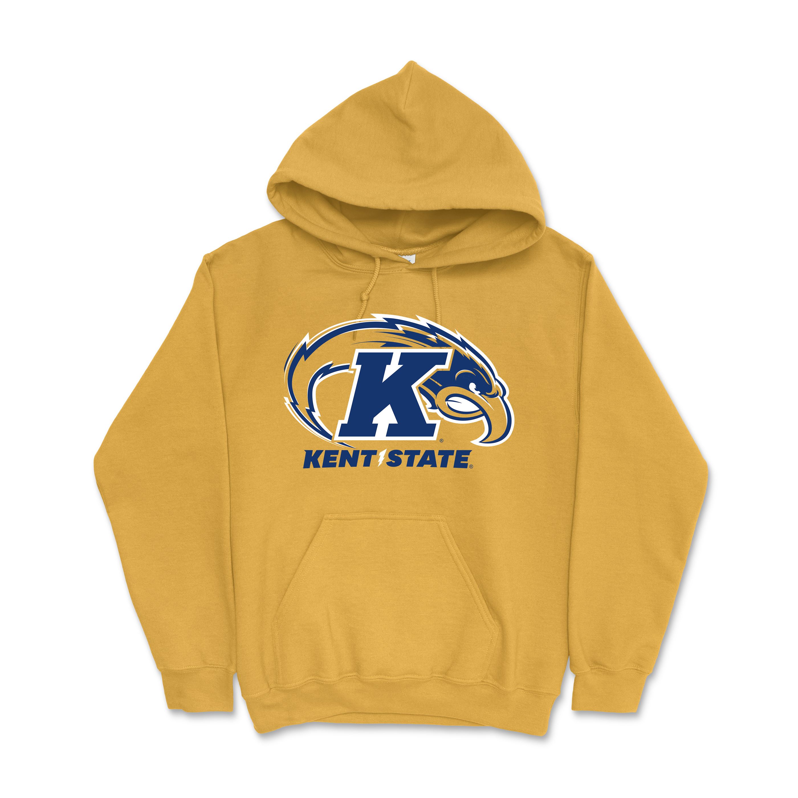 Gold Kent State University Golden Flashes Hoodie in mustard yellow featuring a large navy and white Kent State logo and golden flashes graphic on the front.