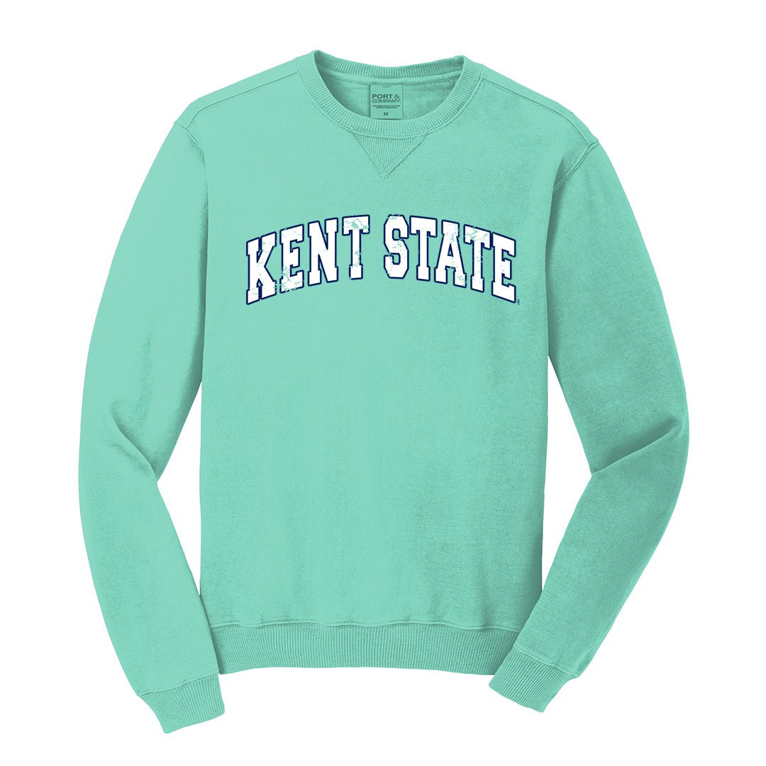 Kent State Arched sweatshirt in light teal with white block letters spelling "KENT STATE" across the chest, casual long-sleeve apparel for Kent State University fans.