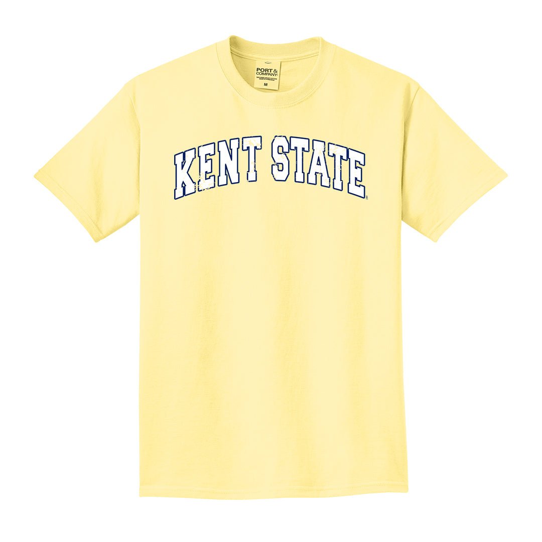 Light yellow Kent State Arched Logo T-Shirt with navy blue collegiate-style lettering spelling Kent State across the chest, casual short-sleeve college apparel.