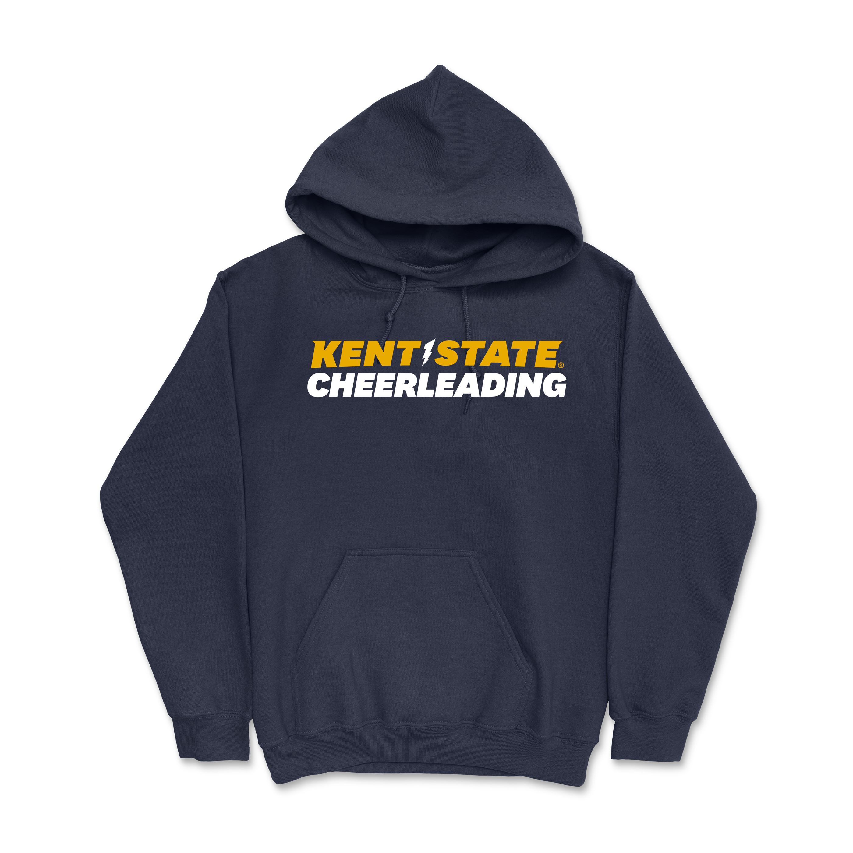 Kent State Navy Cheerleading Hoodie featuring bold yellow and white lettering, cozy with a front kangaroo pocket and adjustable hood, perfect for Kent State apparel fans.