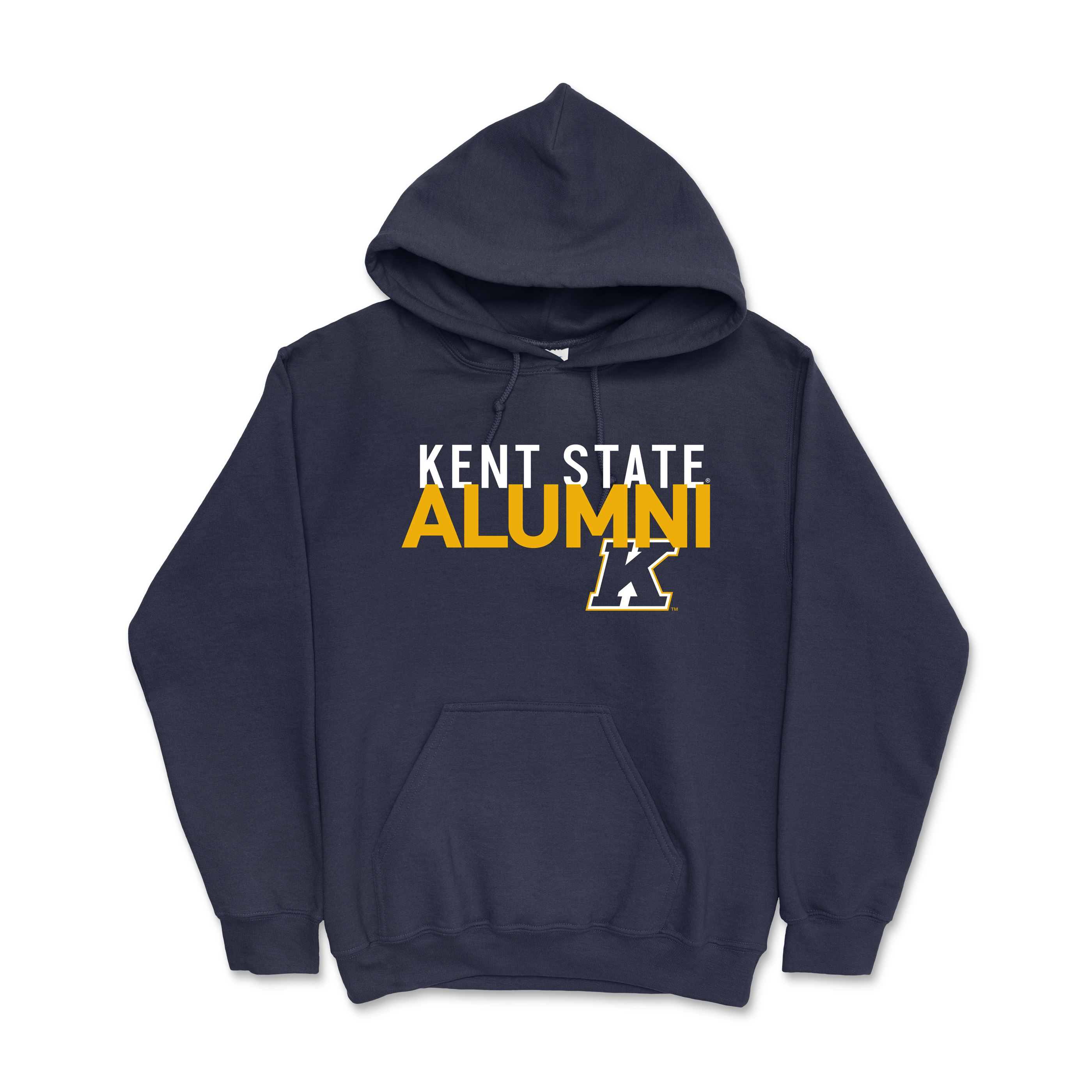 Navy blue Kent State Navy Alumni Hoodie with front pocket and bold white and gold lettering featuring the Kent State logo, perfect Kent State apparel for alumni.