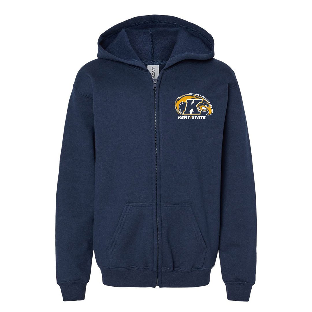 Navy Youth Full Zip Hood With Primary Logo featuring Kent State University golden flashes emblem on the left chest, designed for comfortable everyday wear.