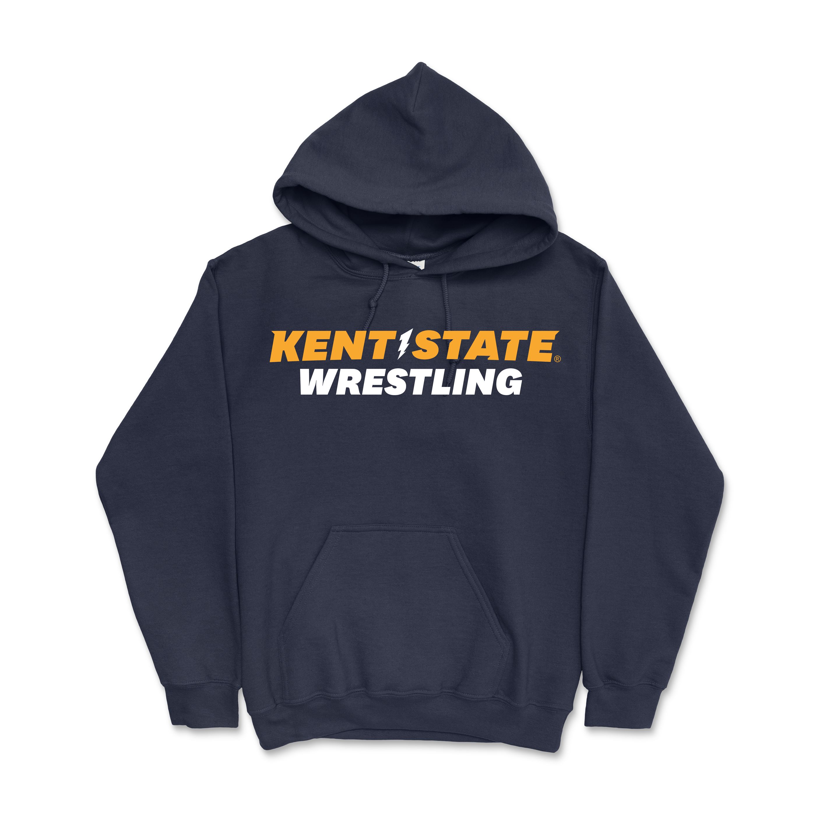 Navy blue hooded sweatshirt featuring bold orange and white lettering that reads Kent State Wrestling, representing Kent State University apparel titled Kent State Wrestling 2.