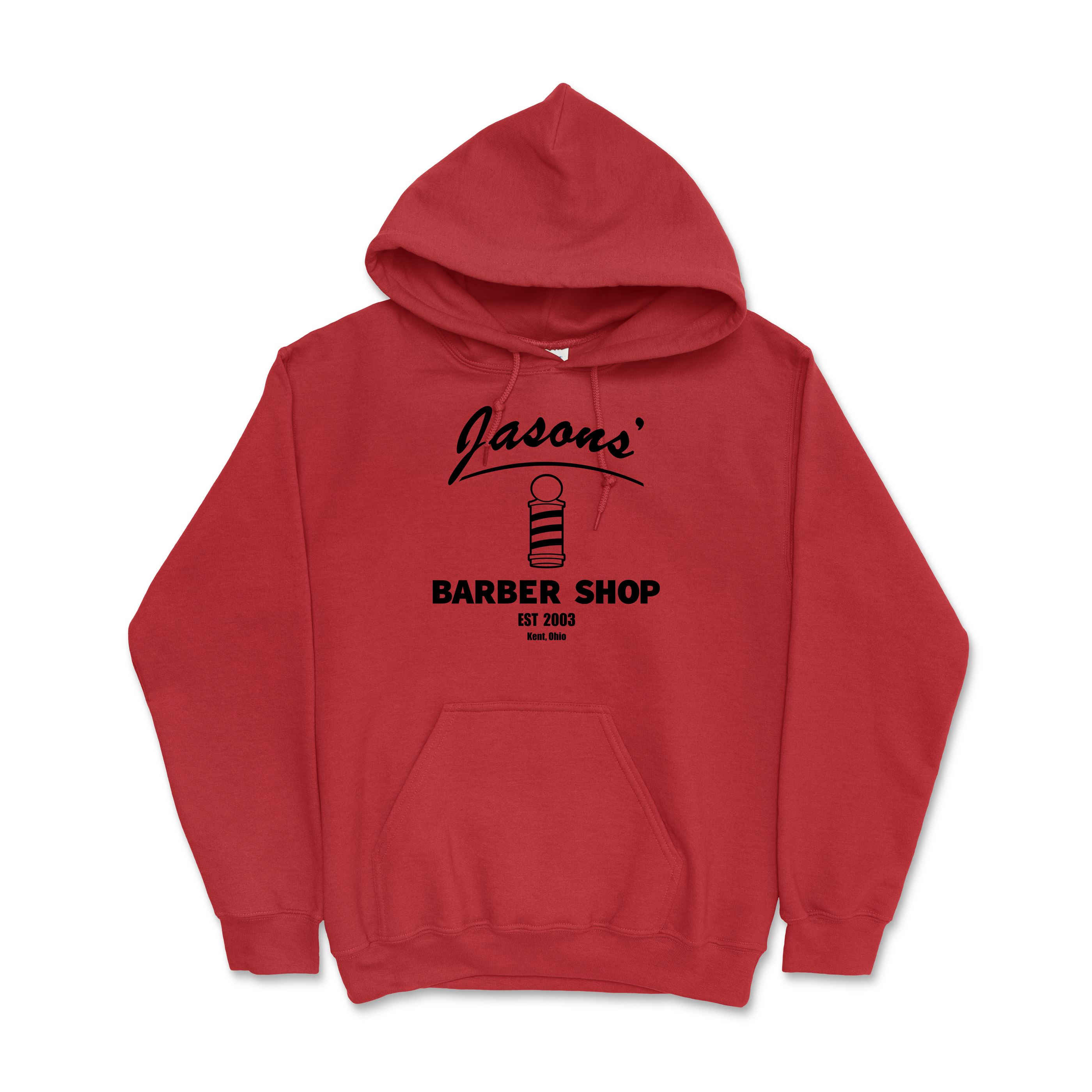 Jasons Barbershop Red Hoodie in vibrant red featuring a classic barber pole graphic and comfortable front pocket, perfect casual apparel for Kent State fans.