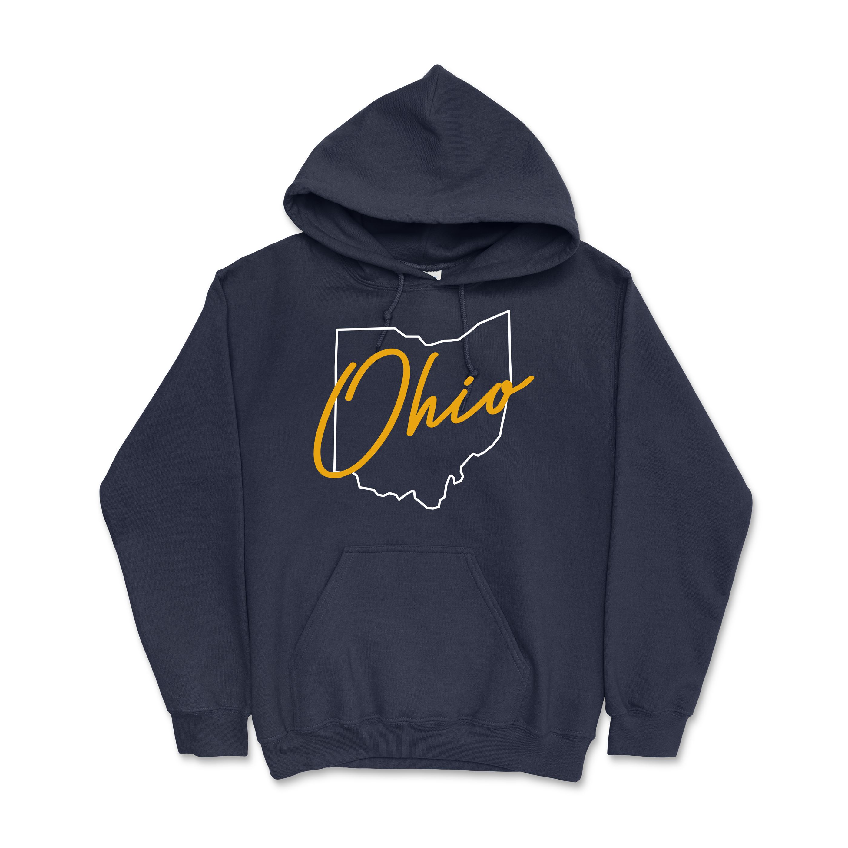 Navy blue State Of Ohio Script In State Hoodie featuring a white outline of Ohio state with the word Ohio in gold script across the front, designed for Kent State apparel fans.