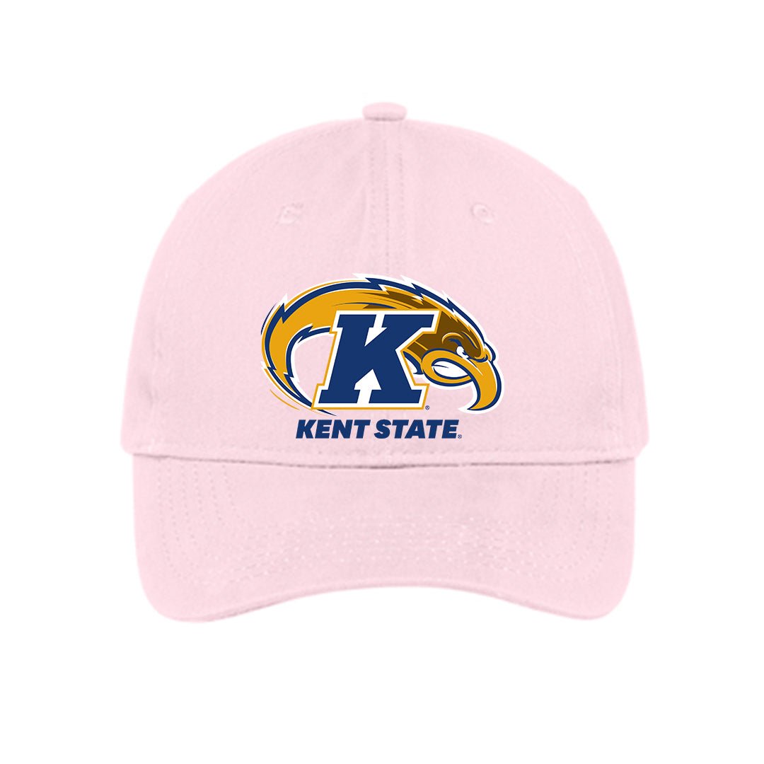 Light Pink Primary Logo Hat featuring a Kent State Golden Flashes emblem with navy blue and gold colors, casual adjustable cap for Kent State apparel fans.