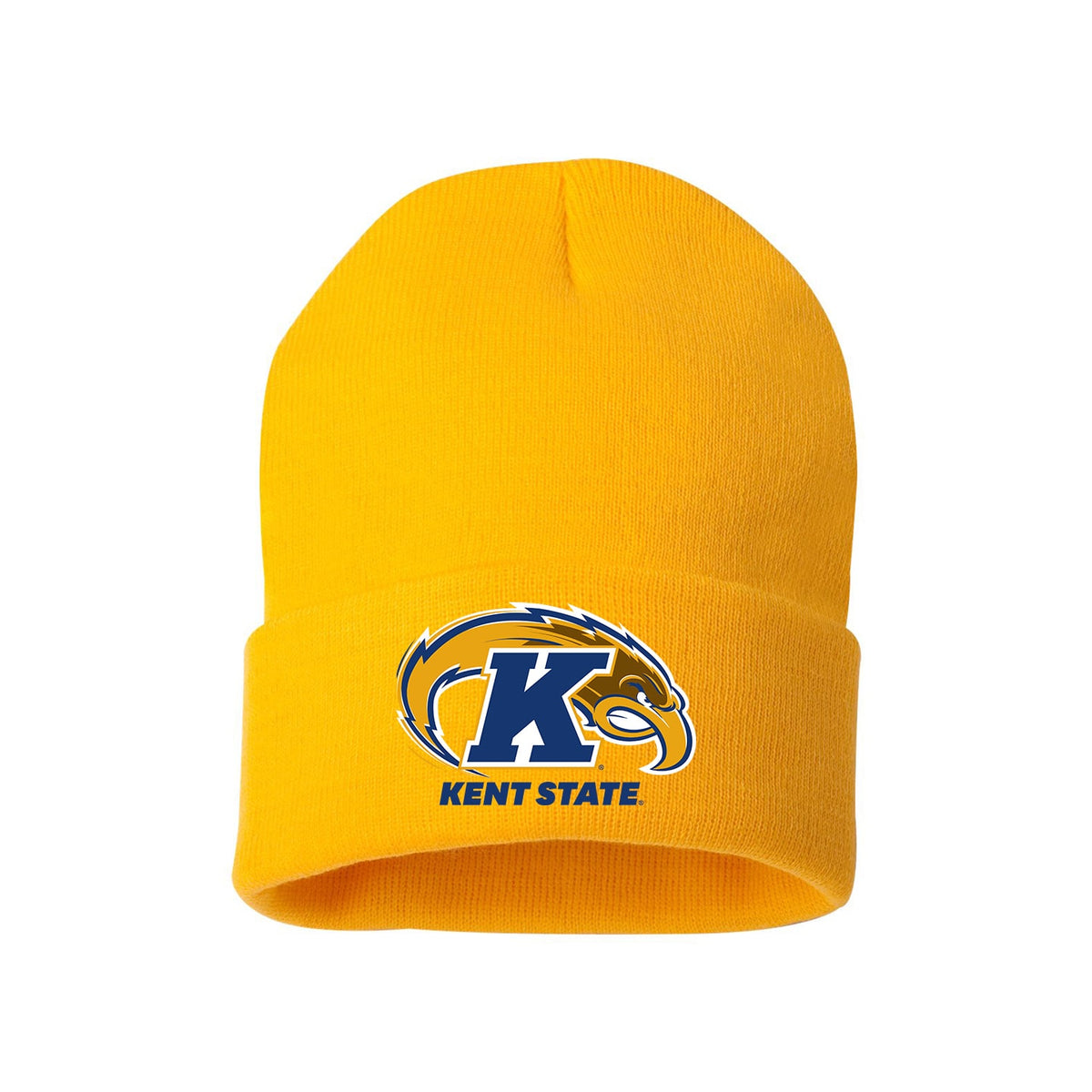 Bright yellow Kent State Primary Logo Cuffed Beanie featuring the Kent State Golden Flashes emblem, ideal for Kent State apparel and keeping warm in style.