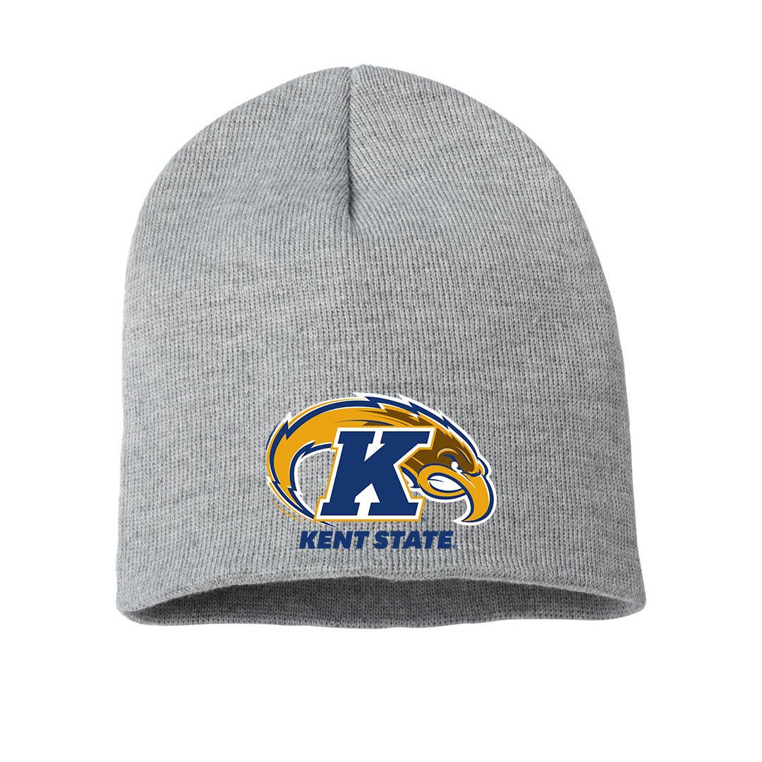 Gray knit beanie featuring the Kent State Primary Logo with a large blue "K" and golden flashes bird emblem, perfect for showing Kent State apparel pride.