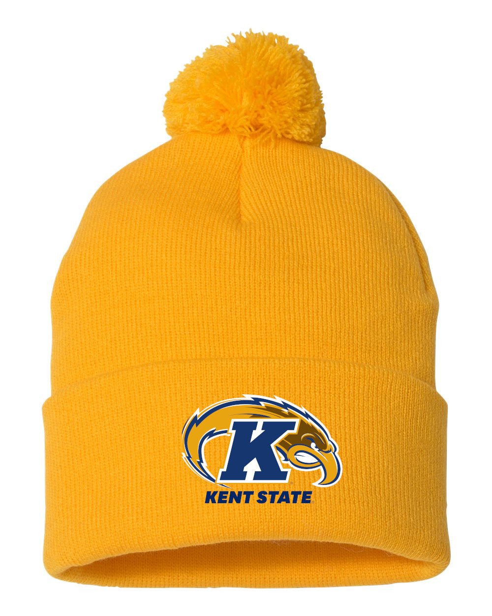 Golden yellow knit pom beanie featuring the Kent State Primary Logo Pom Beanie design with the Golden Flashes emblem and Kent State text on the cuff.