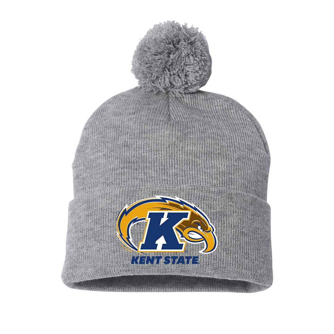 Gray knit Primary Logo Pom Beanie featuring a pom-pom on top and the Kent State Golden Flashes logo embroidered on the cuff.