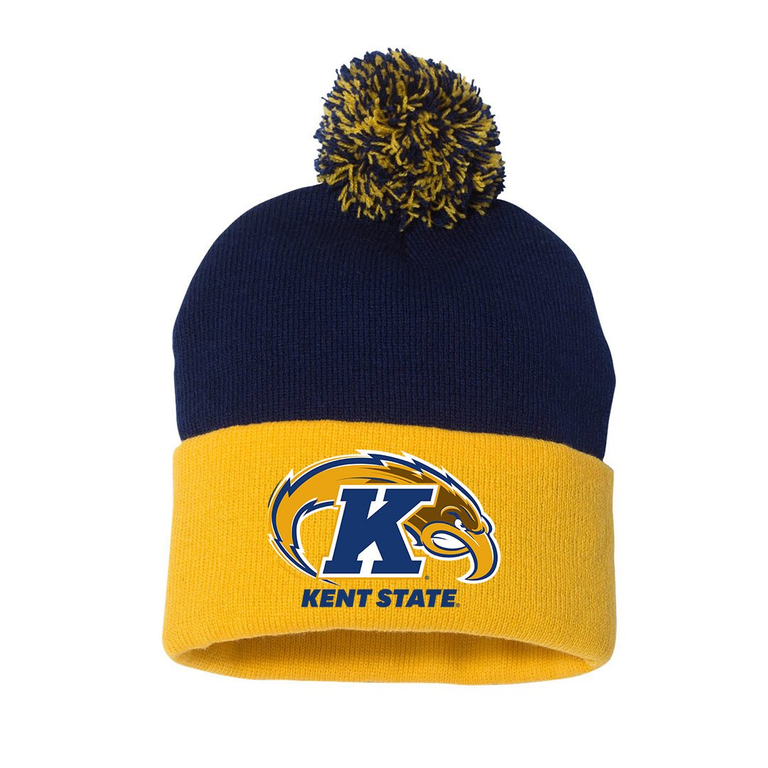 Primary Logo Pom Beanie in navy and gold with a pom-pom on top, featuring the Kent State Golden Flashes logo and text on the folded cuff.