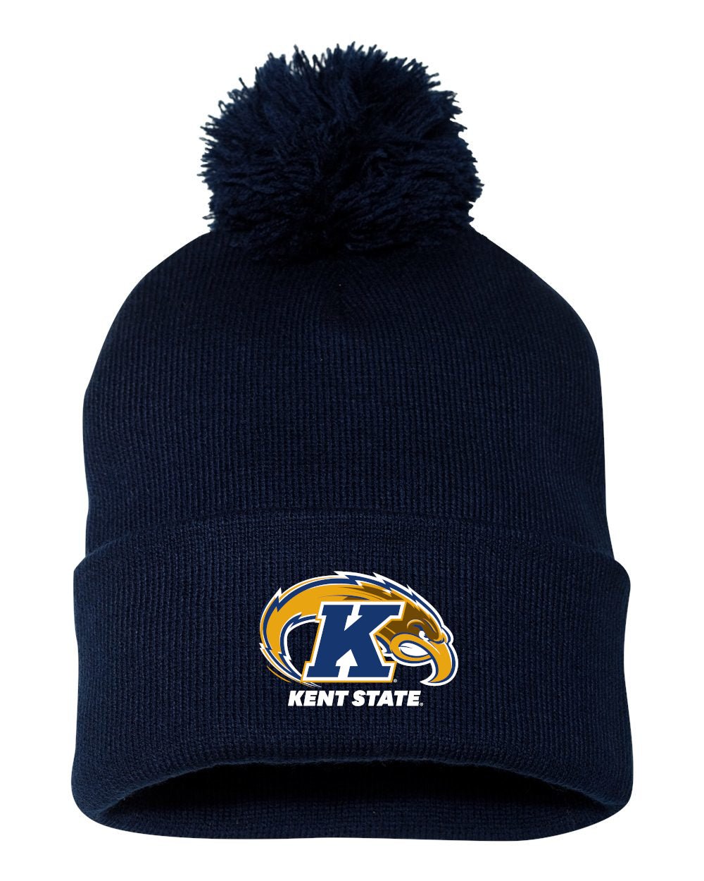 Primary Logo Pom Beanie in navy blue featuring the Kent State Golden Flashes logo with a pom-pom on top, a cozy knit hat perfect for Kent State apparel fans.