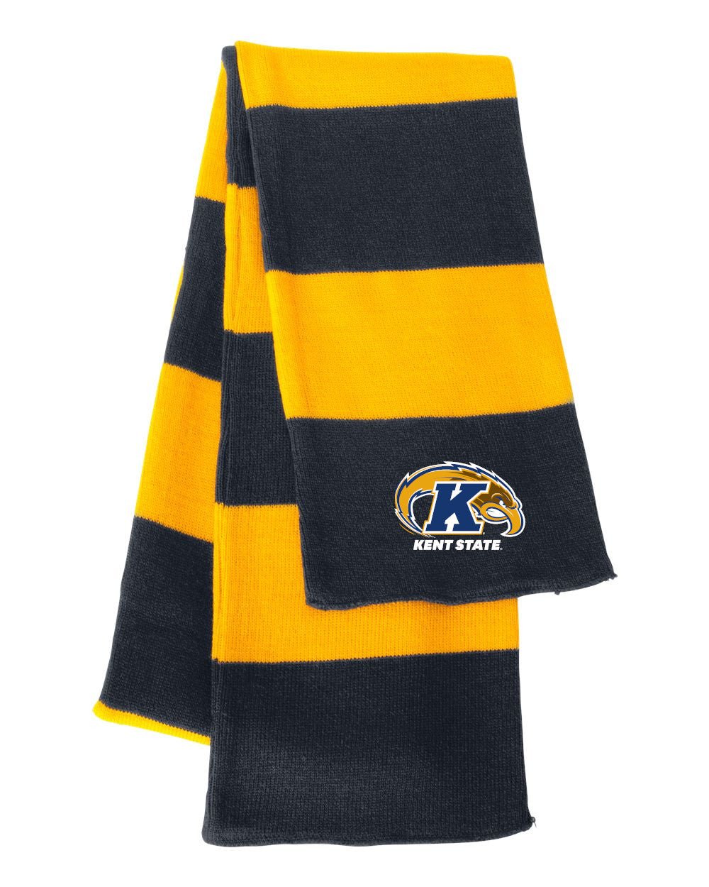 Kent State Primary Logo Striped Knit Scarf with bold yellow and black stripes featuring the Kent State logo, perfect for showing school pride in cool weather.