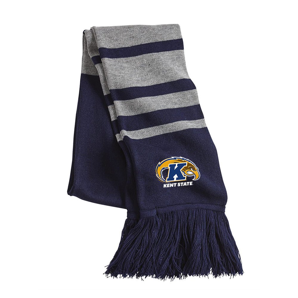 Kent State Primary Logo Striped Knit Scarf with navy and gray stripes, featuring the Kent State golden flashes logo and fringe detailing, perfect for showing school spirit.