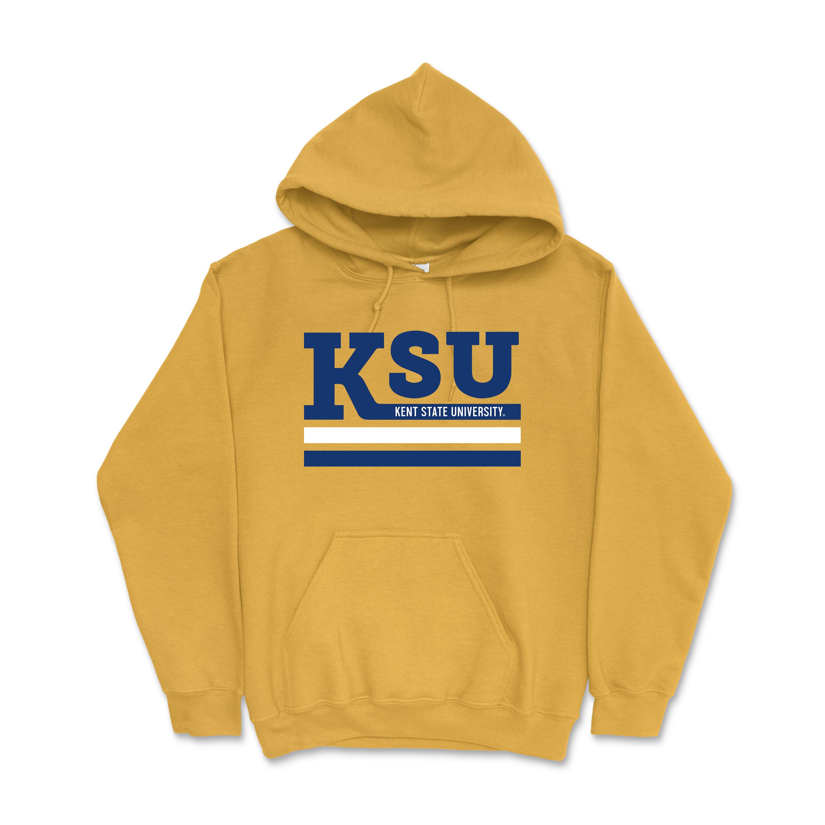 KSU With Stripes Hoodie in golden yellow featuring bold navy blue KSU lettering and Kent State University text above white and navy stripes on the front, Kent State apparel.