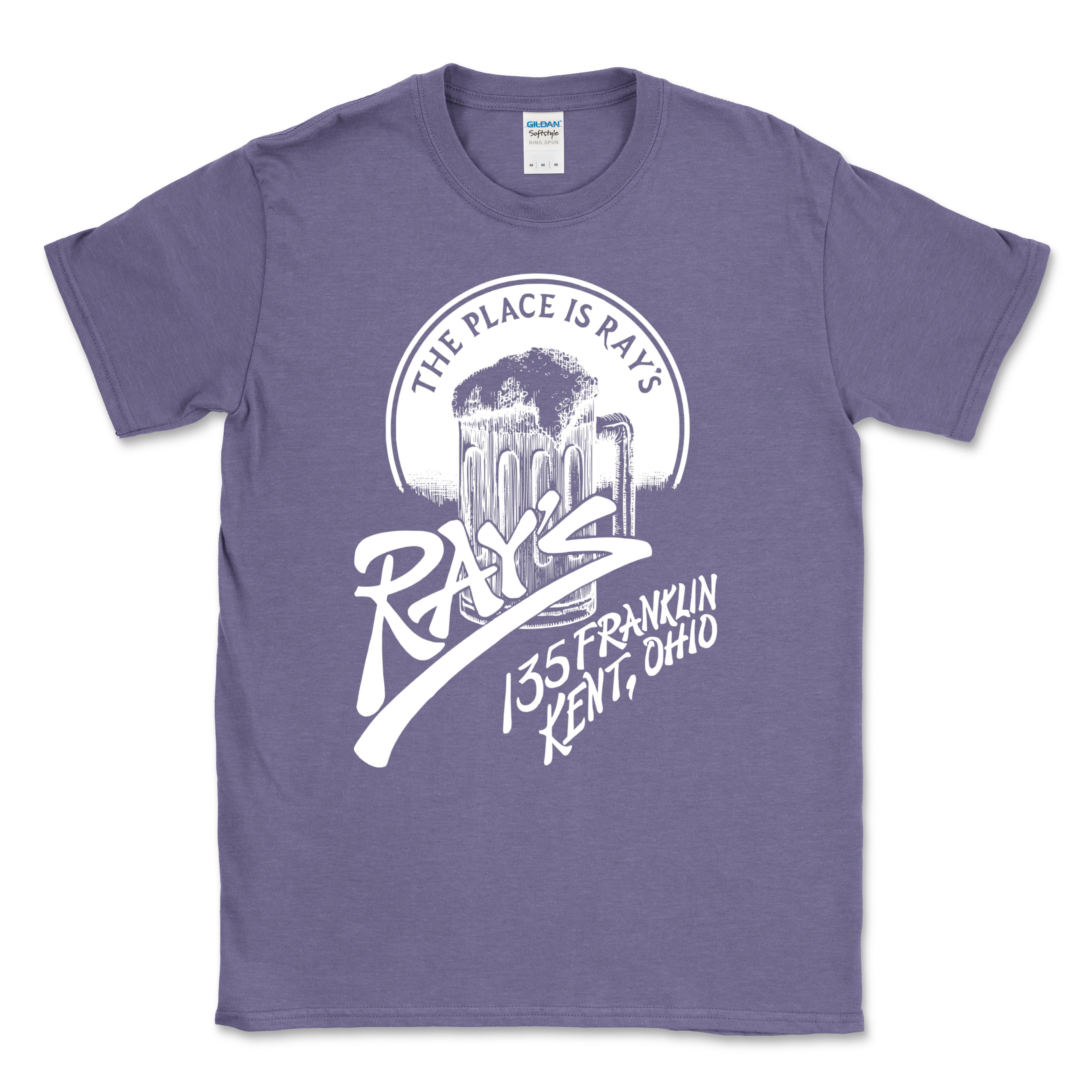 Ray's Place Heather Purple T-shirt featuring a vintage-style white graphic of a frosty beer mug with text "The Place is Ray's, 135 Franklin Kent, Ohio" on a soft heather purple fabric.
