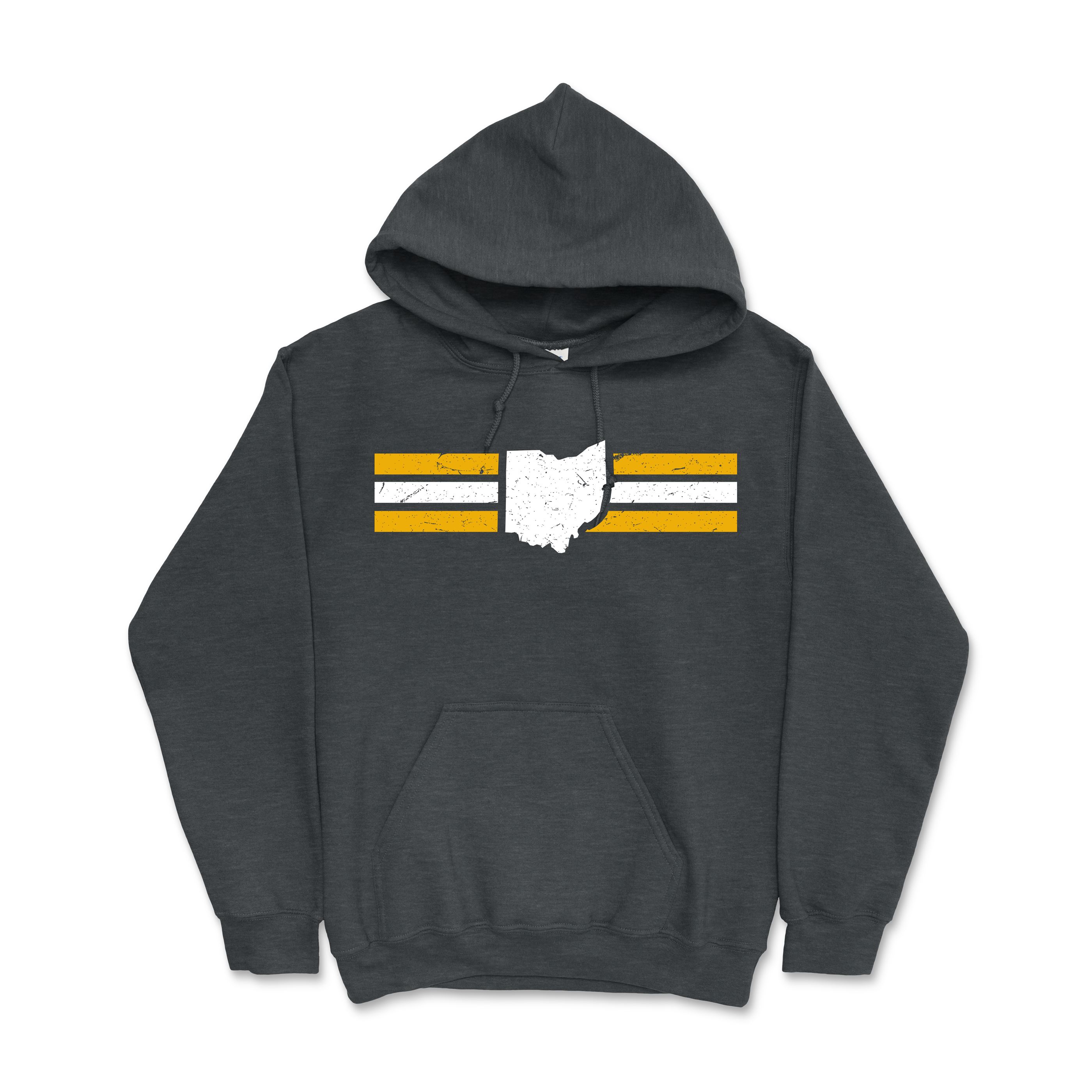 Dark gray Kent State Between Lines Hoodie featuring distressed Ohio state outline graphic with horizontal gold and white stripes across the chest, casual apparel for Kent State University fans.