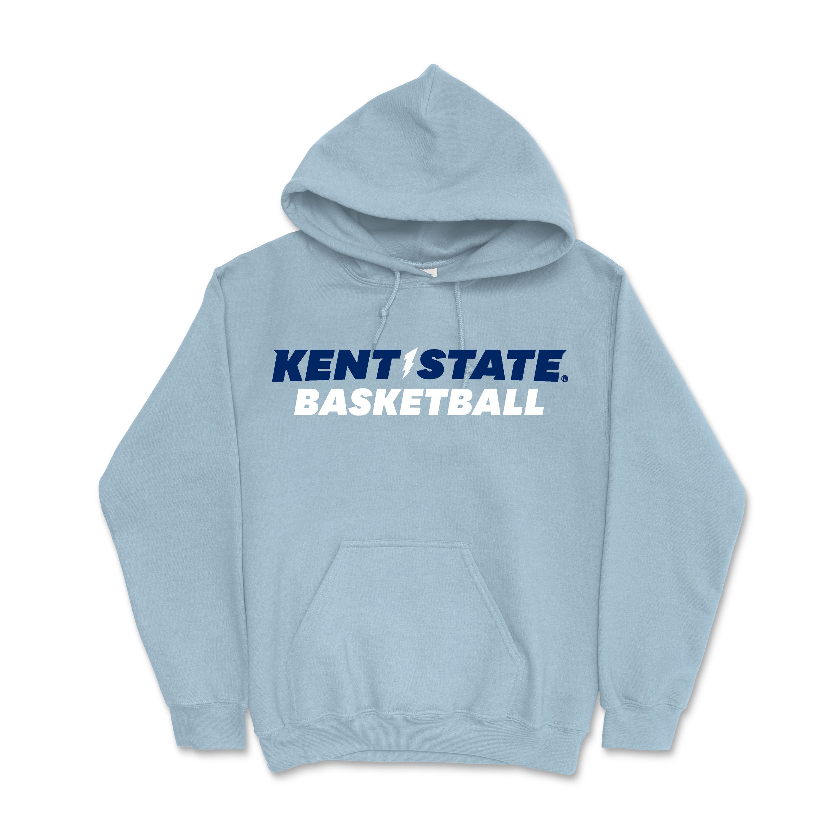 Light blue hooded sweatshirt with "Kent State Basketball" printed on the front in bold navy and white letters, representing Kent State University apparel in a comfortable style called Kent State Basketball 3.