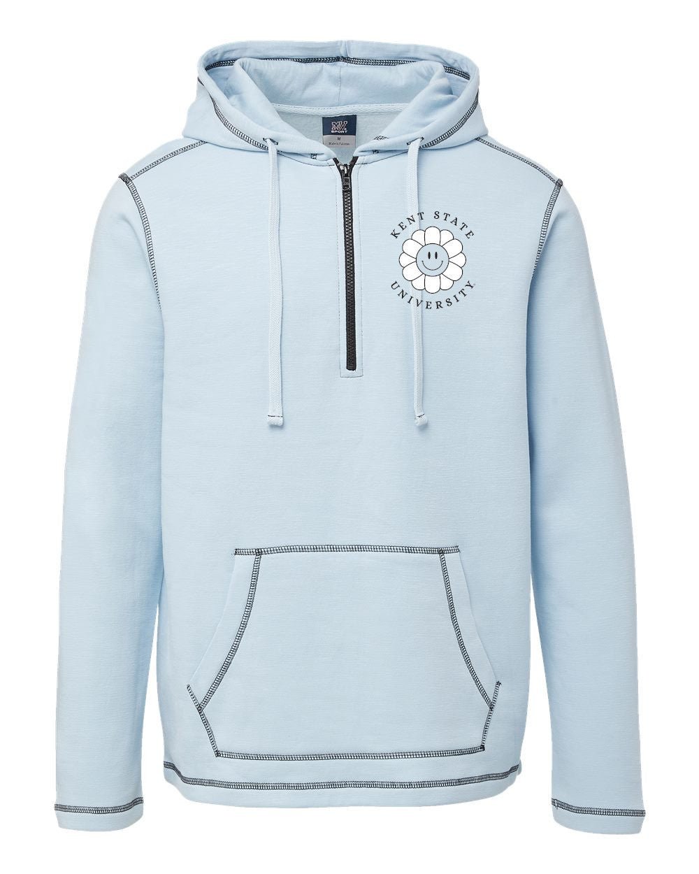 Light blue quarter-zip Kent State Smiley Face Hoodie featuring a smiley flower graphic with Kent State University text, drawstring hood, and front kangaroo pocket with contrast stitching.