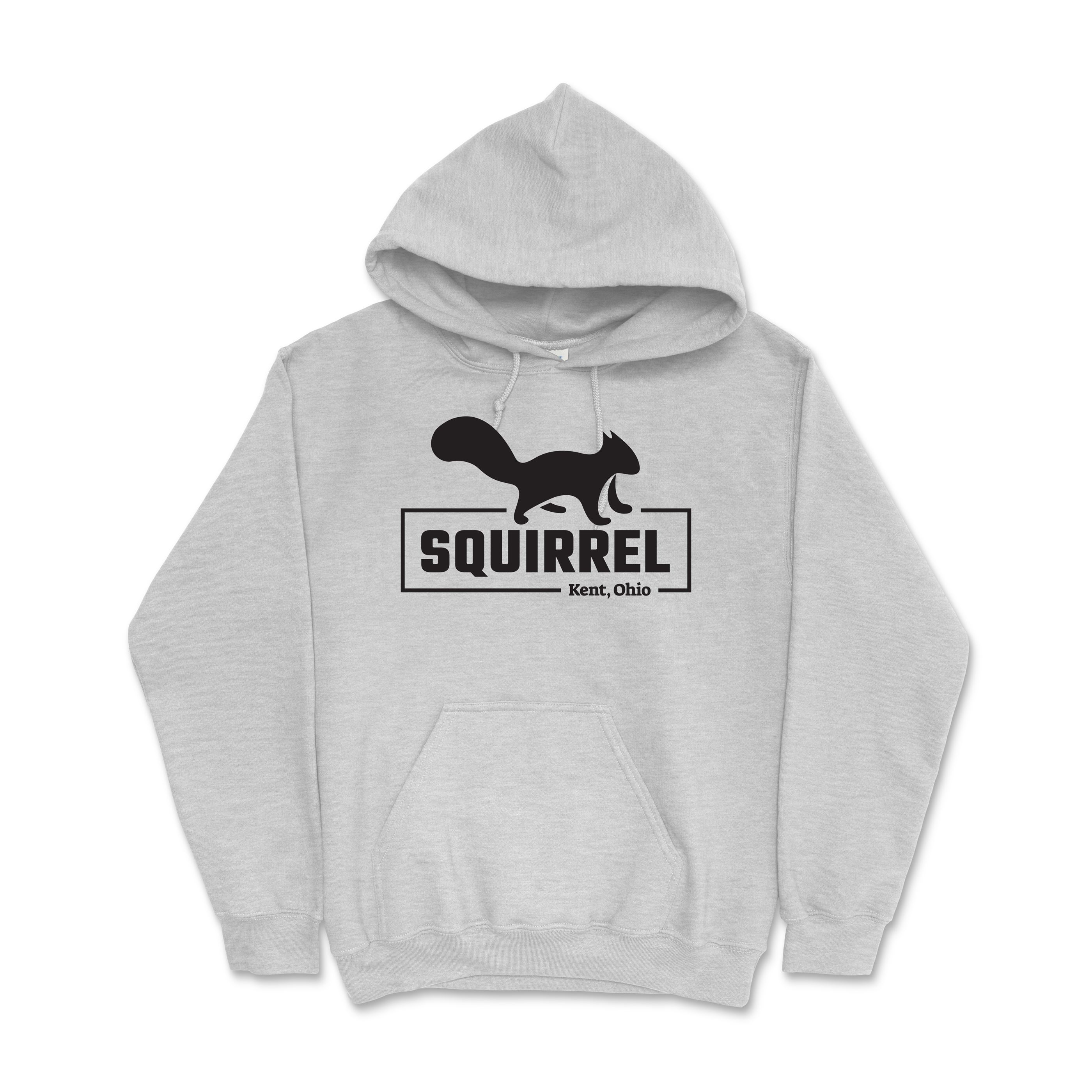 Light gray Kent Rectangle Squirrel Hoodie featuring a black squirrel silhouette above the word SQUIRREL and smaller text reading Kent, Ohio on the front.