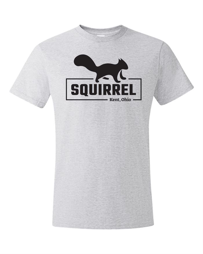Kent, Ohio Black Squirrel T-Shirt featuring a black squirrel silhouette and bold text on a light gray casual Kent State University apparel piece.