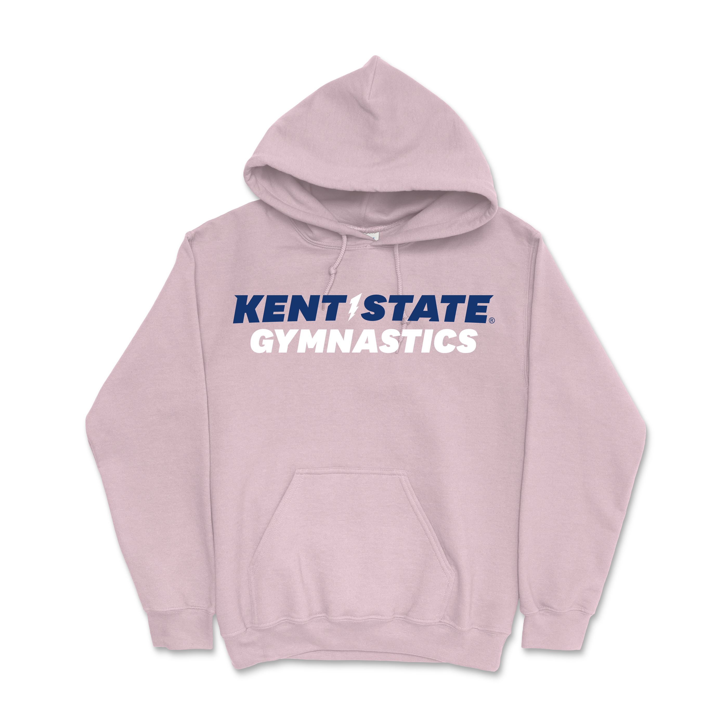 Kent State Pink Gymnastics Hoodie featuring a soft pink fabric, front kangaroo pocket, and bold navy and white Kent State Gymnastics text for casual Kent State apparel.