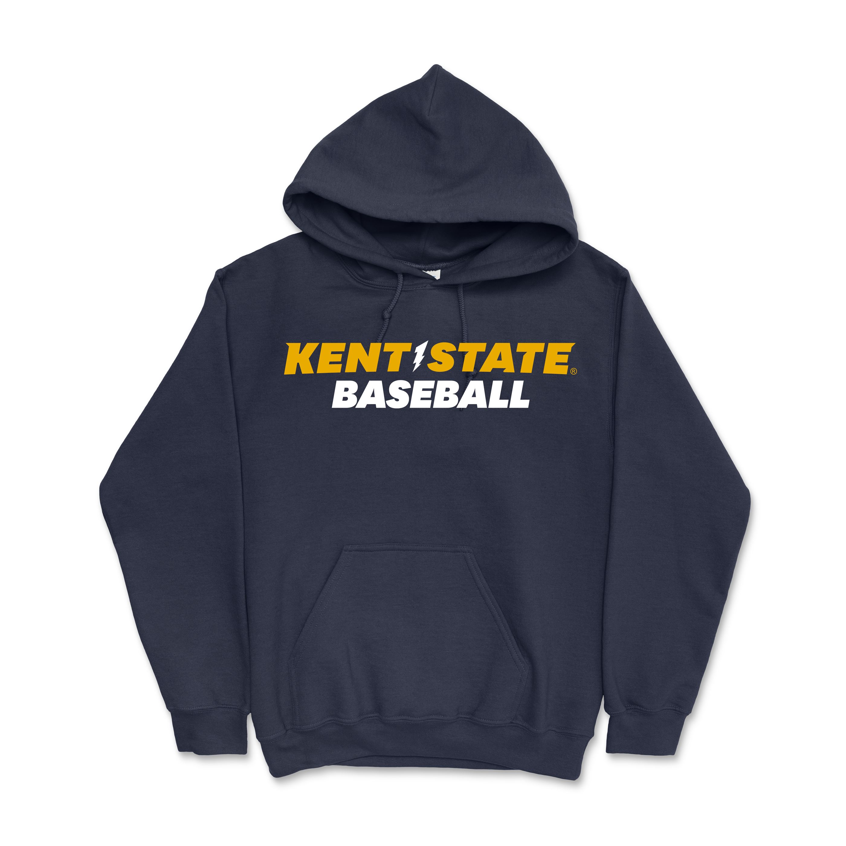 Kent State Navy Baseball Hoodie featuring a classic navy blue color with bold Kent State Baseball lettering in yellow and white, ideal for Kent State University apparel fans.