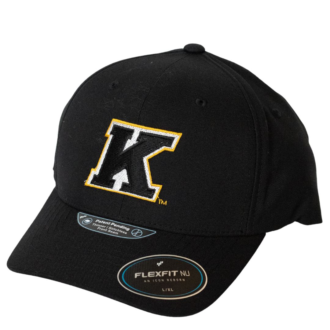 Kent State K Logo Black Hat in black with a large embroidered K emblem outlined in gold, featuring a flexible fit design for comfort and style.
