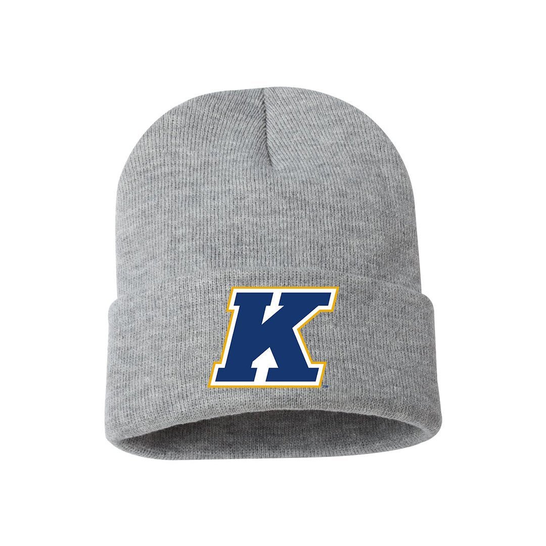 K Solid Cuffed Beanie in heather gray featuring a bold blue and gold "K" emblem, representing Kent State apparel for warm, stylish wear.