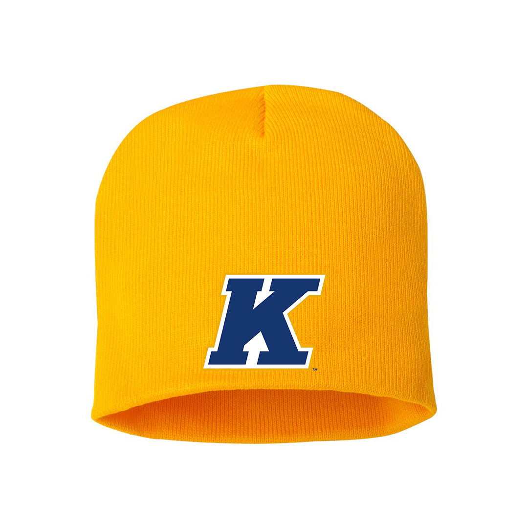K Logo Knit Beanie in golden yellow with a navy blue K emblem, a cozy knit hat perfect for showing Kent State Golden Flashes spirit in cool weather.