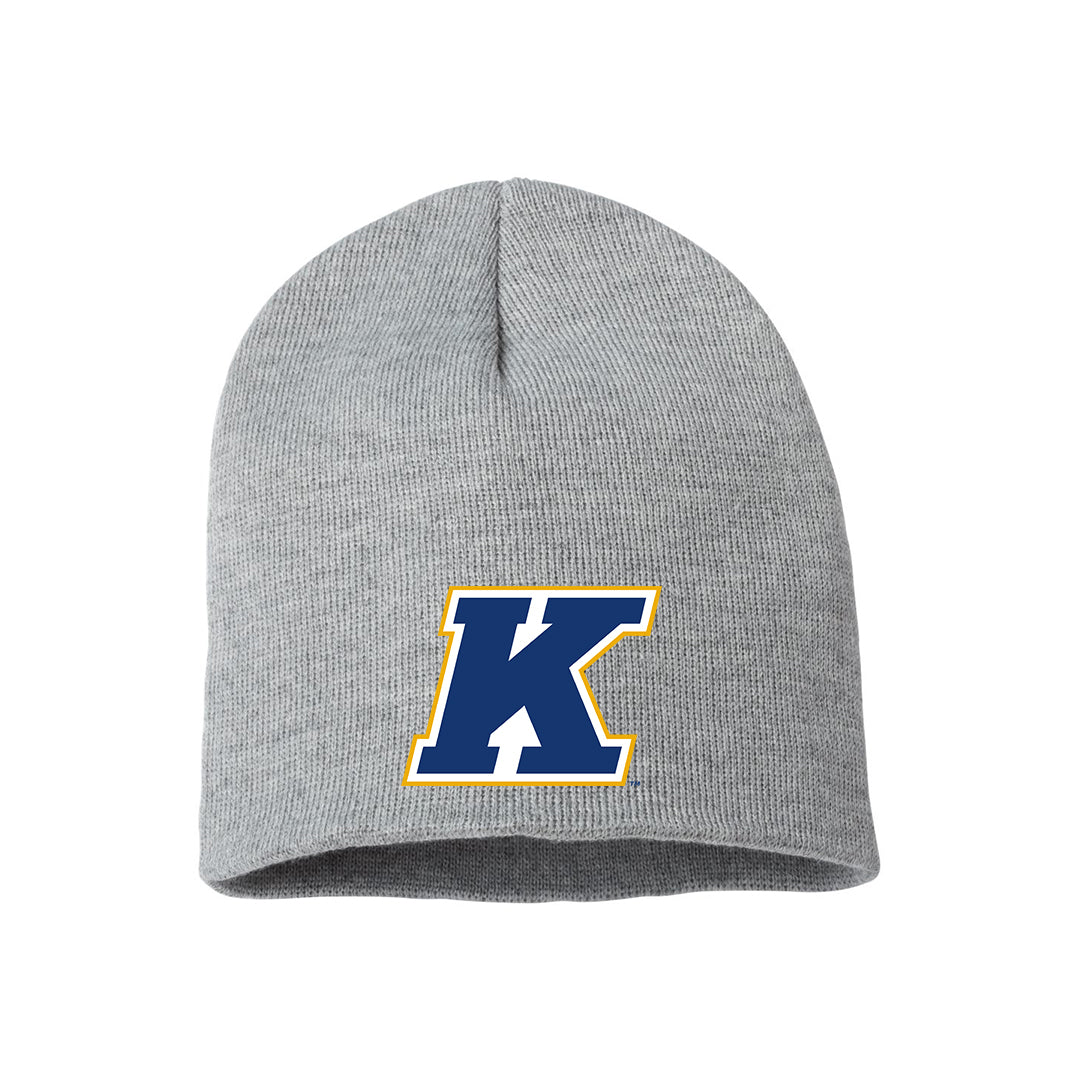 Gray knit beanie featuring a bold blue and gold "K" logo, perfect for showing Kent State University pride during colder weather, named Kent State K Logo Knit Beanie.
