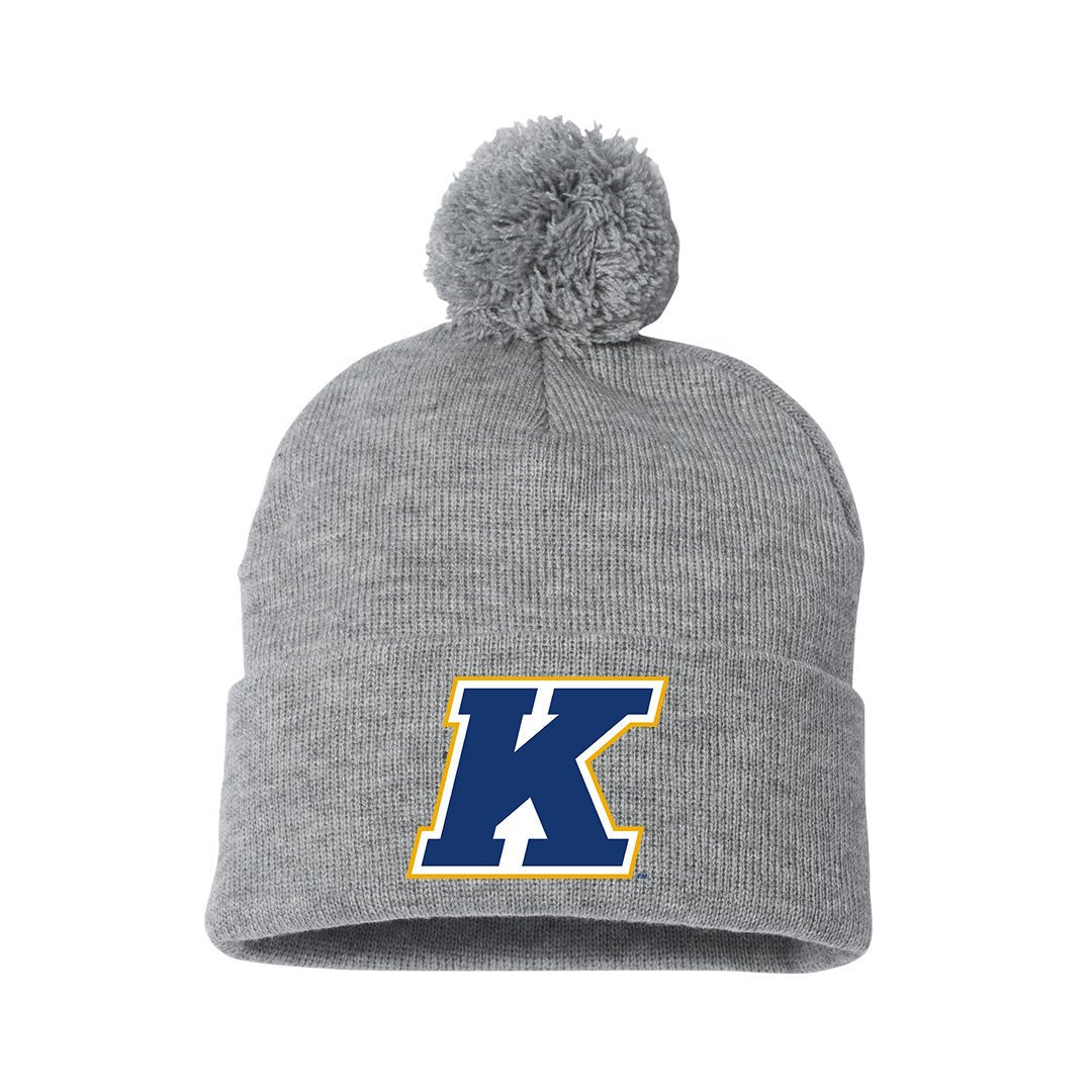 Gray knit K Logo Pom Beanie featuring a large blue and gold "K" emblem on the cuff, designed for Kent State University fans and cold weather comfort.