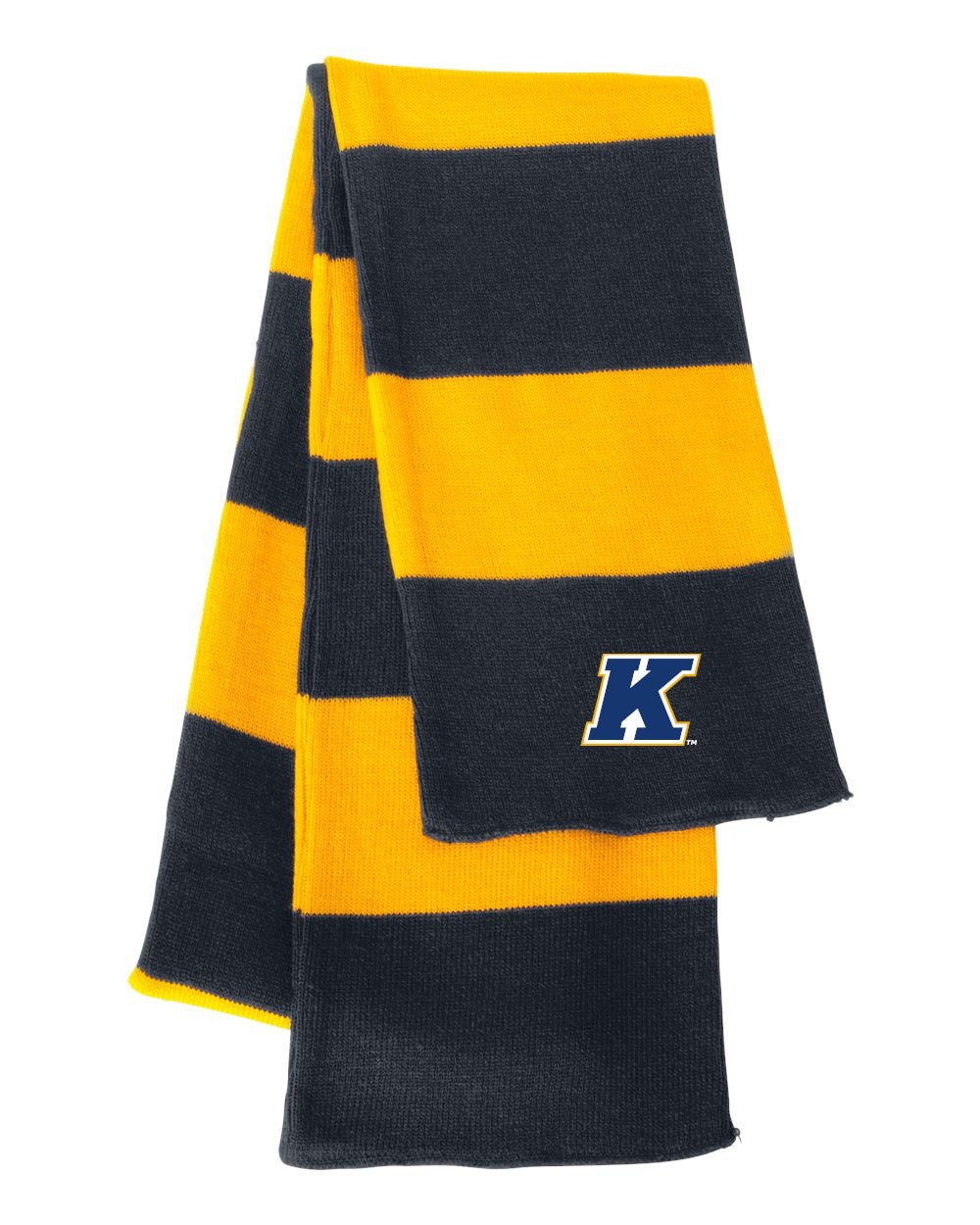 Kent State K Logo Striped Knit Scarf featuring wide yellow and navy blue stripes with the Kent State "K" logo embroidered near the end, perfect for showing school spirit and staying warm.