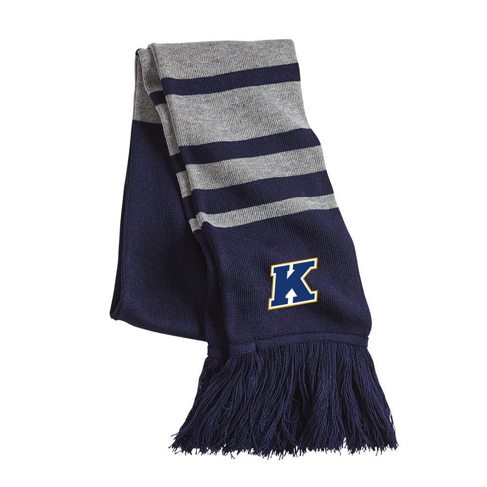 Kent State K Logo Striped Knit Scarf featuring navy and gray stripes with a fringed edge and an embroidered Kent State "K" logo, perfect for showing school spirit.