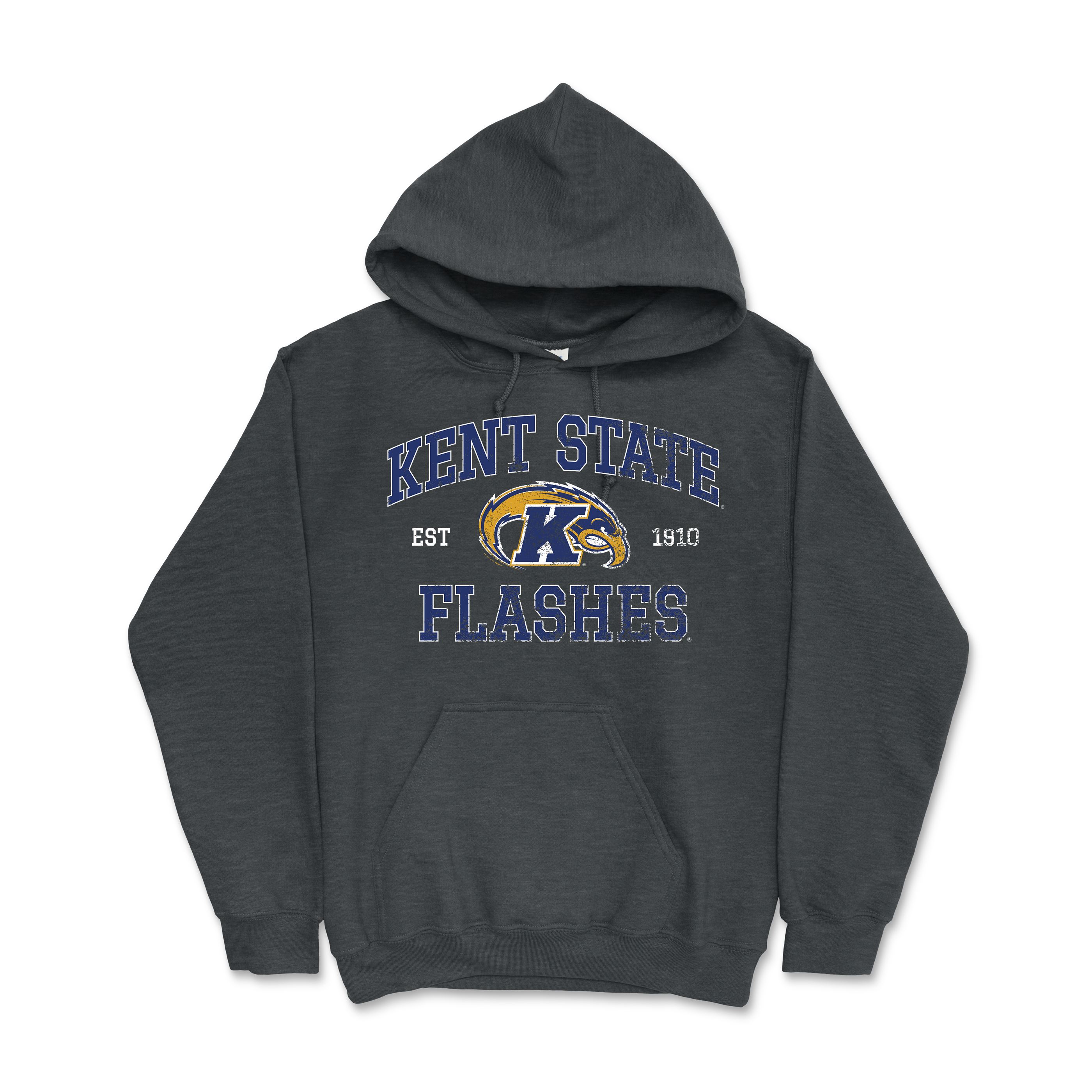 Kent State Gray Arched Distress Eagle And Date Hoodie featuring a dark gray fabric, blue and gold Kent State Flashes logo with eagle design, perfect for Kent State apparel fans.