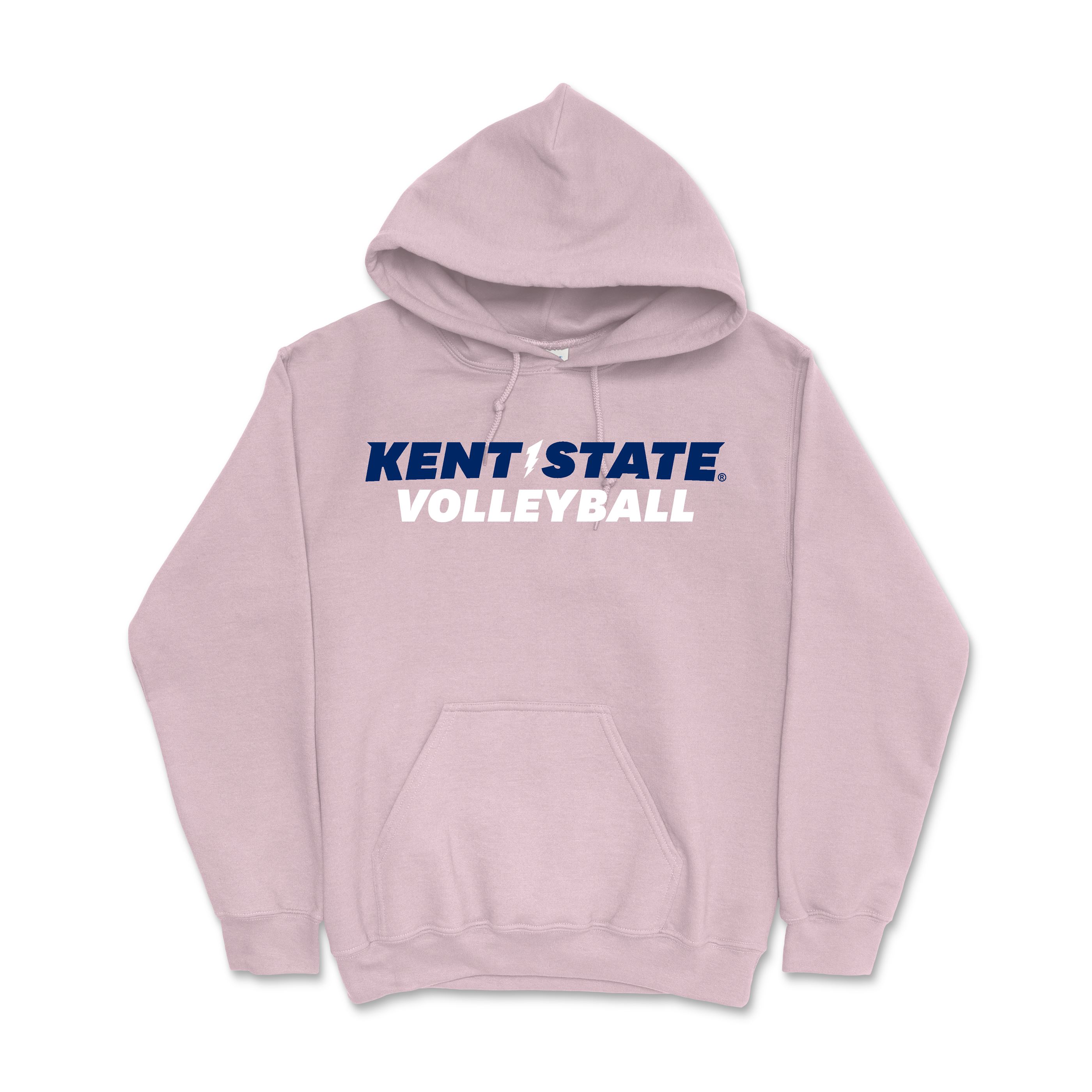 Kent State Volleyball 2 Hoodie in light pink with navy and white lettering, featuring a front pocket and adjustable drawstring hood, representing Kent State University apparel.