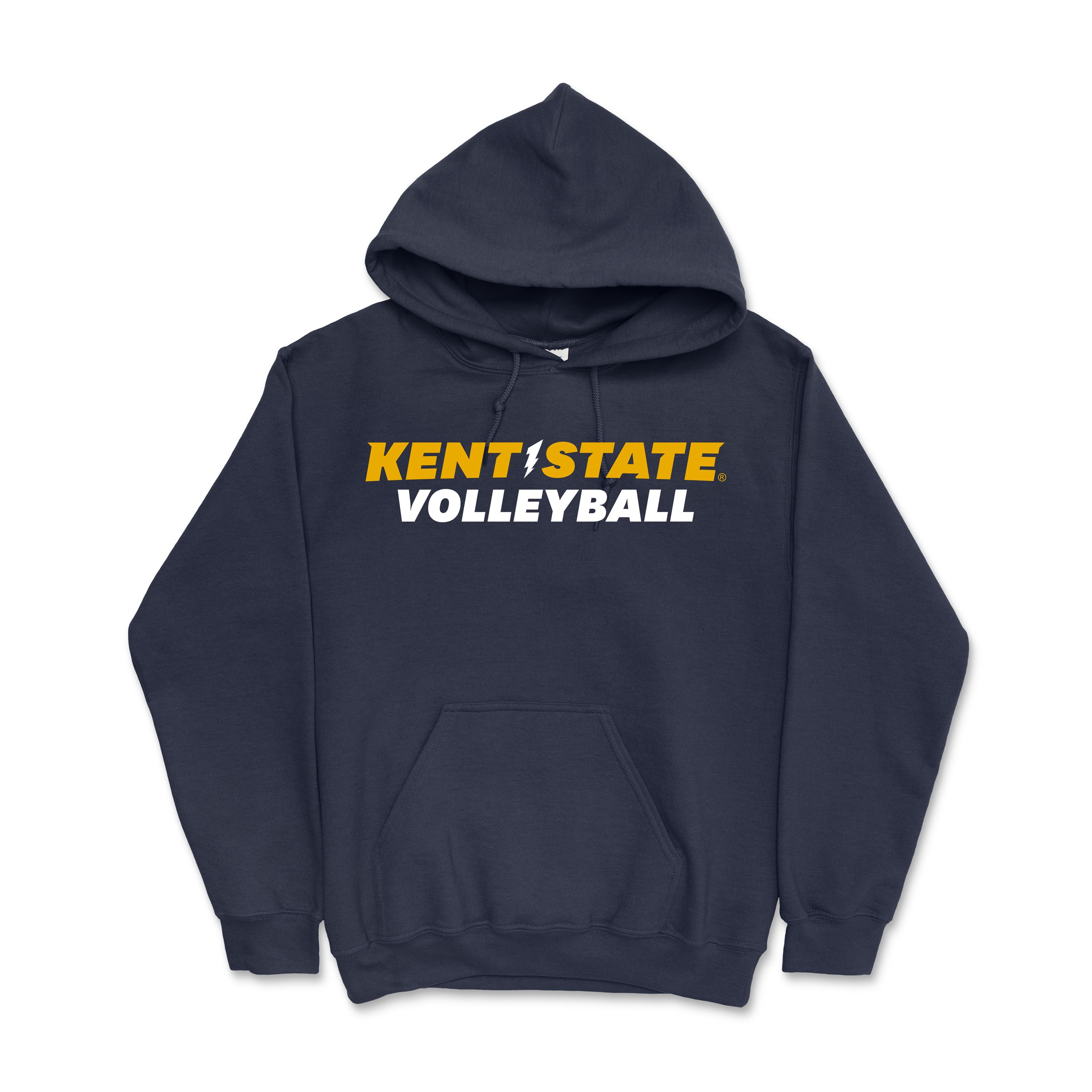 Kent State Volleyball Navy Hoodie featuring bold yellow and white lettering with a lightning bolt graphic, made from soft, comfortable fabric with a front pocket and hood.