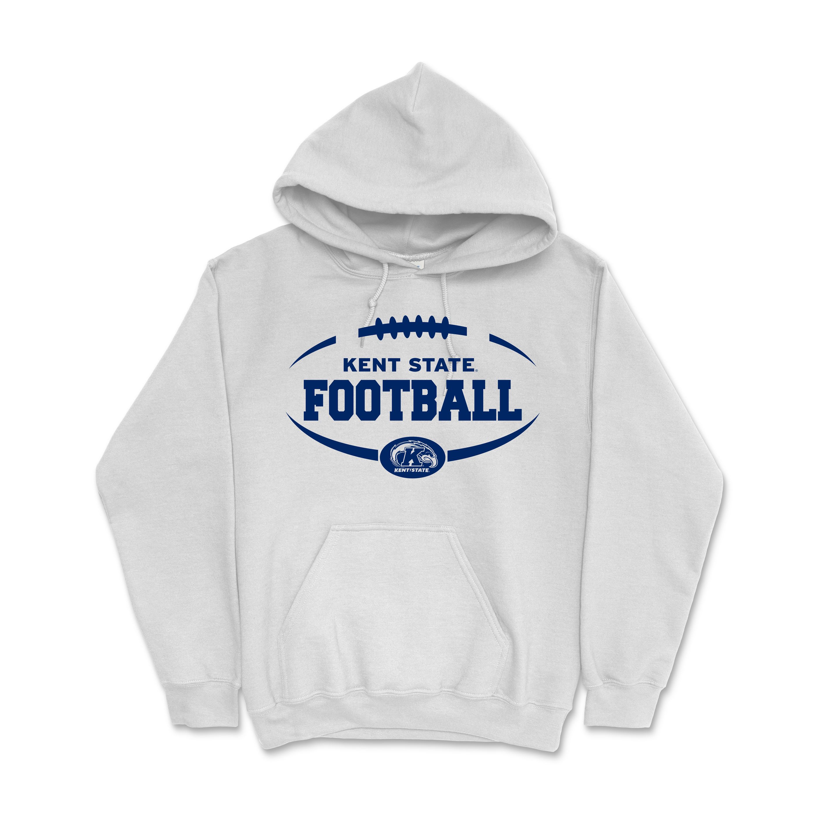Kent State White Football Hoodie featuring navy blue football graphic and text, perfect for Kent State apparel fans and supporters of the Golden Flashes football team.