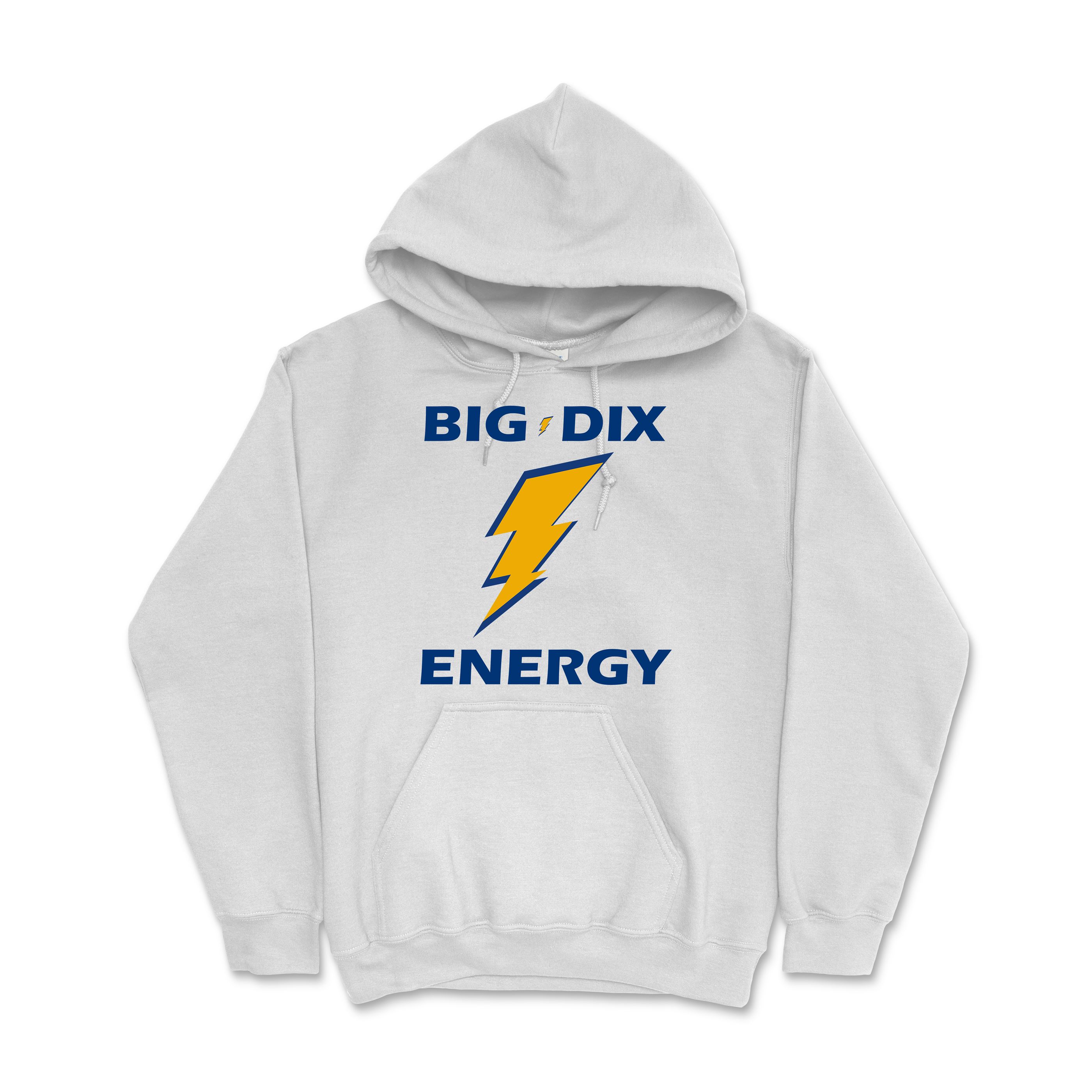 White hoodie featuring bold blue text "Big Dix Energy" with a yellow lightning bolt graphic, part of Kent State White Big Dix Energy Hoodie apparel collection.