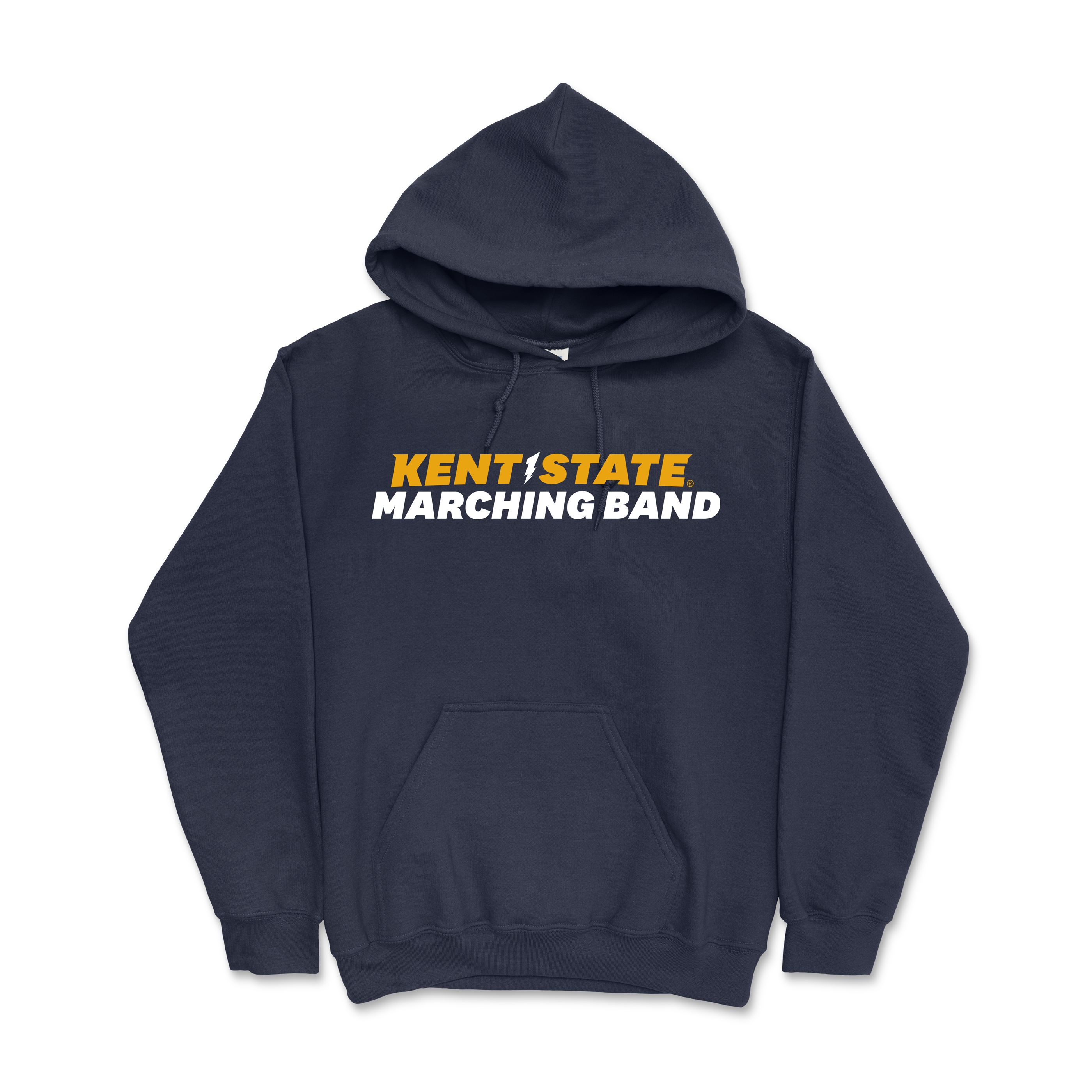 Navy Kent State Marching Band Hoodie featuring bold gold and white lettering, a front kangaroo pocket, and an adjustable hood, perfect for Kent State apparel fans.