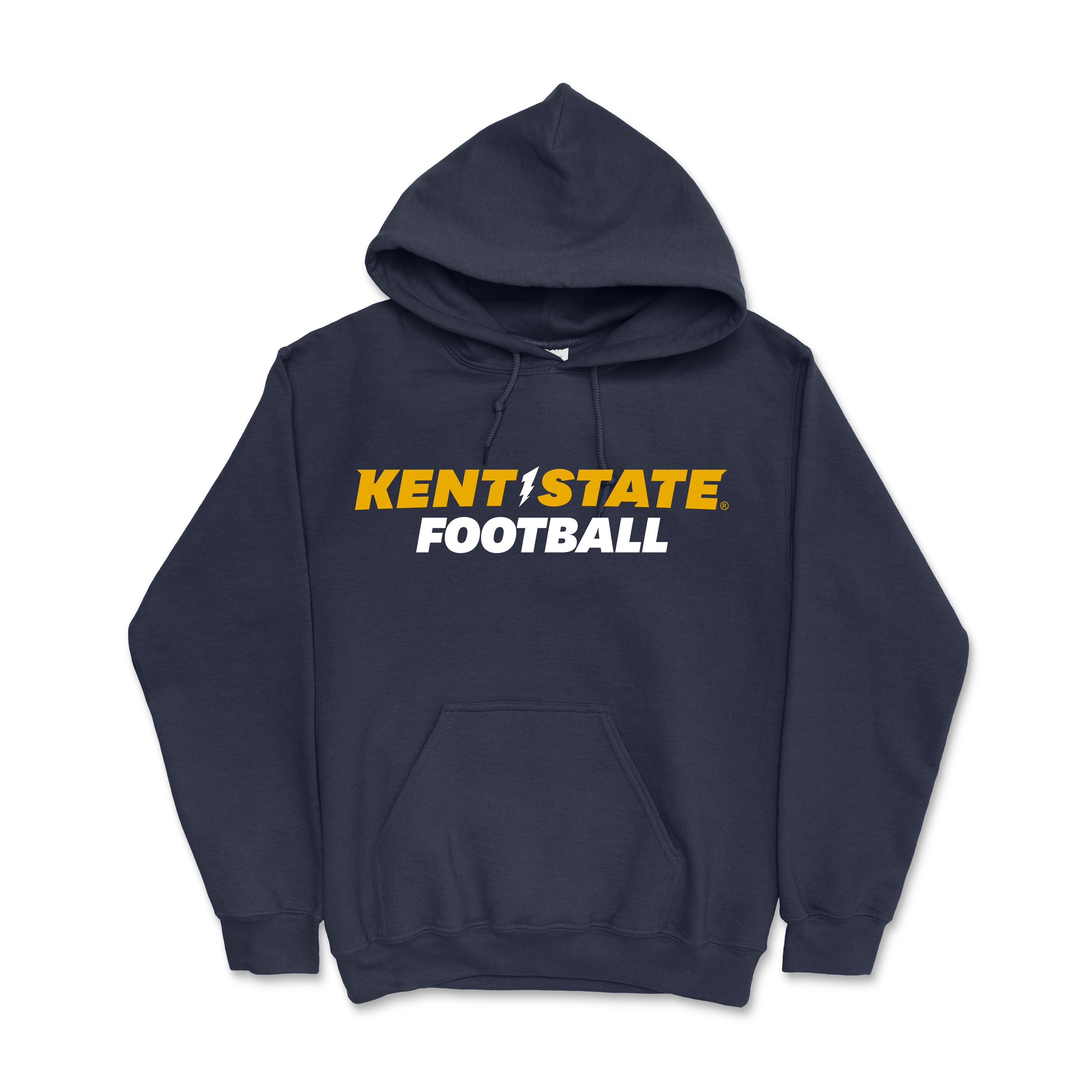 Kent State Navy Football Hoodie with gold and white "Kent State Football" text on the front, featuring a drawstring hood and front pocket, ideal for Kent State apparel fans.
