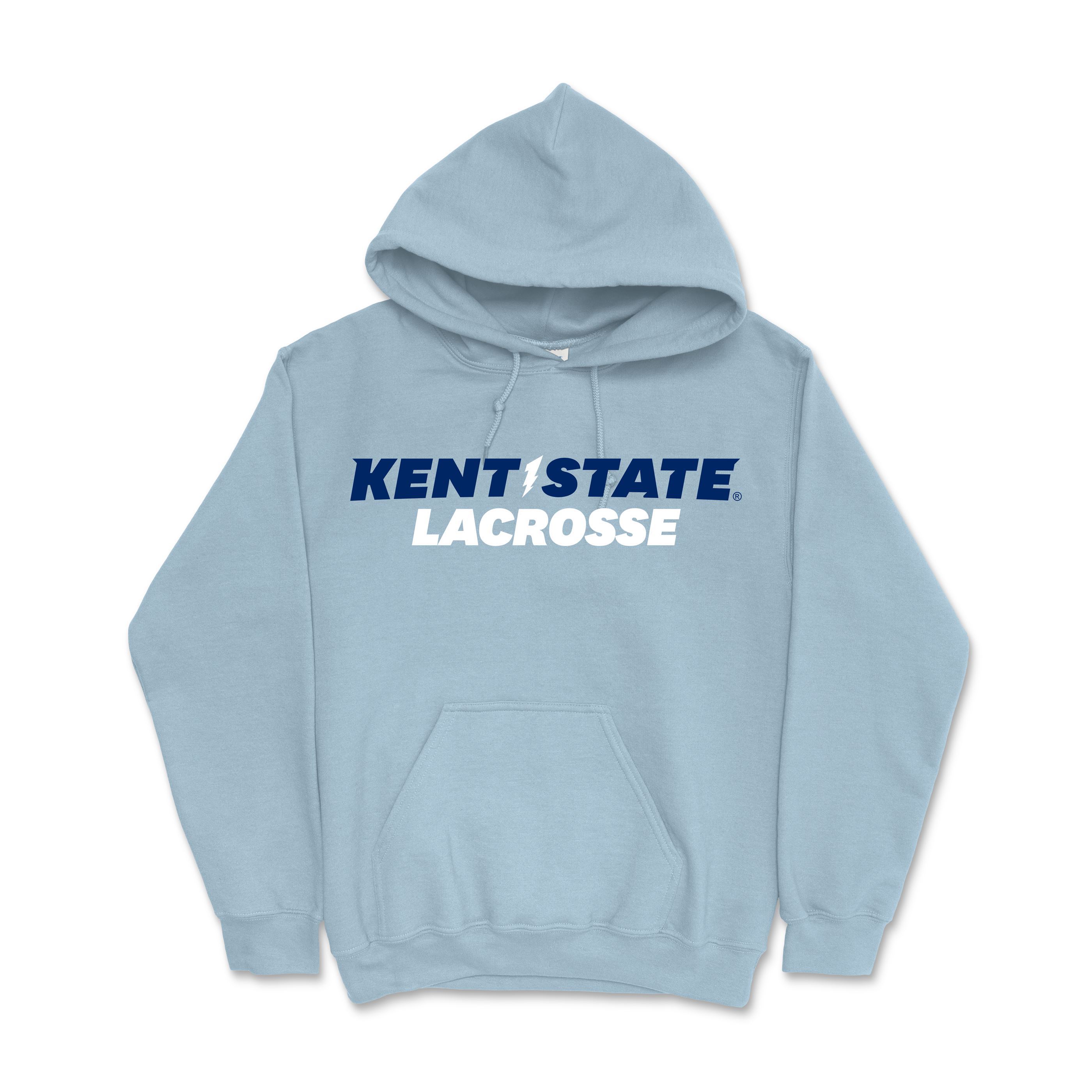 Light blue hoodie featuring Kent State Light Blue Lacrosse text in navy and white, made for Kent State University fans supporting Golden Flashes lacrosse apparel.