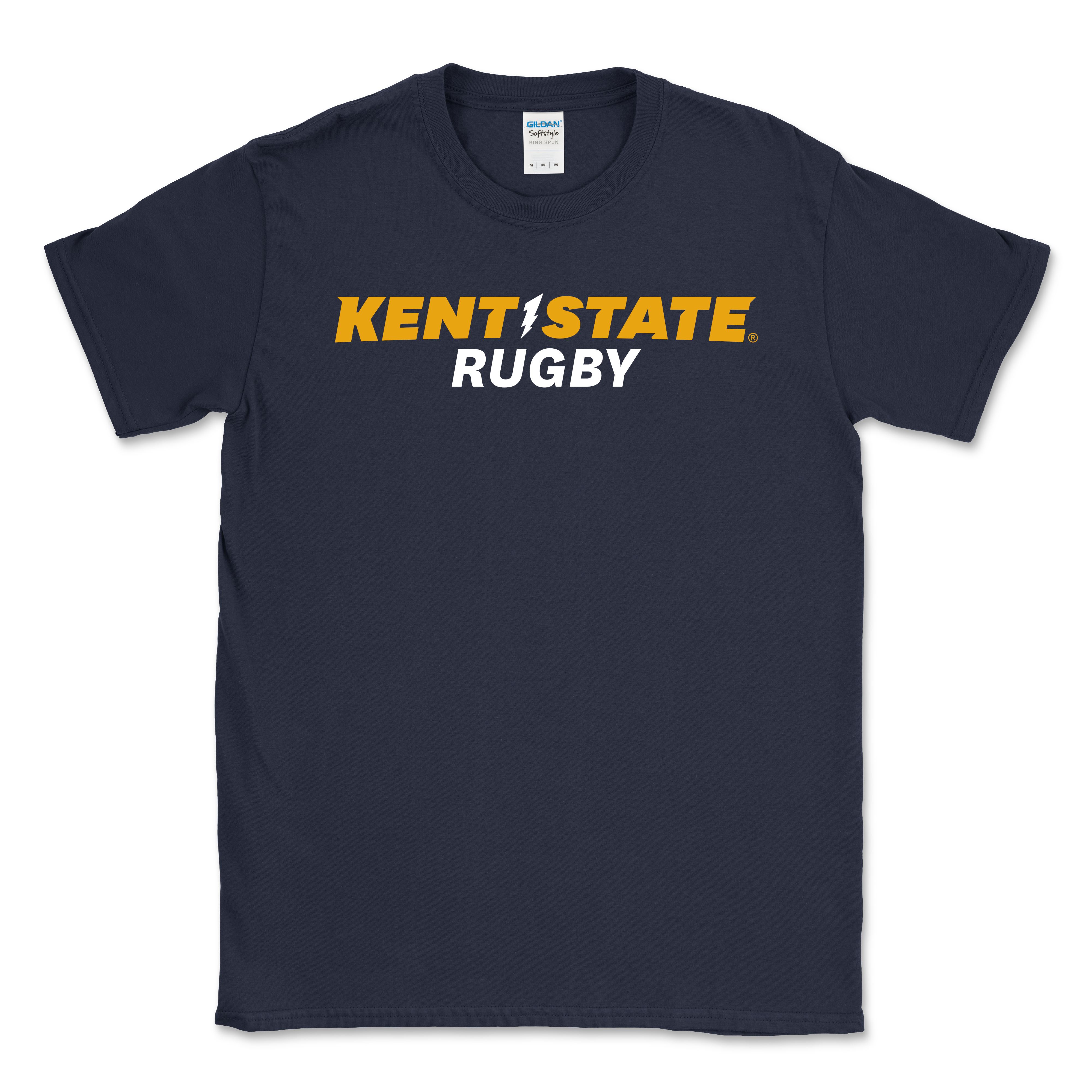 Kent State Navy Rugby T-Shirt with navy blue fabric and bold gold and white lettering, featuring Kent State University rugby team branding in a classic athletic style.