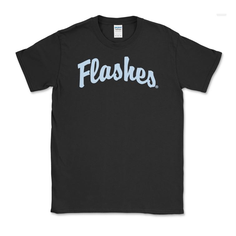 Black Flashes Script T-Shirt featuring light blue "Flashes" script text on a classic black short-sleeve cotton crewneck, a stylish apparel option for Kent State fans.