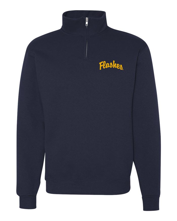Navy Kent State Quarter Zip With Script Flashses featuring a quarter-zip collar and gold "Flashes" script on chest, classic Kent State apparel for casual wear.
