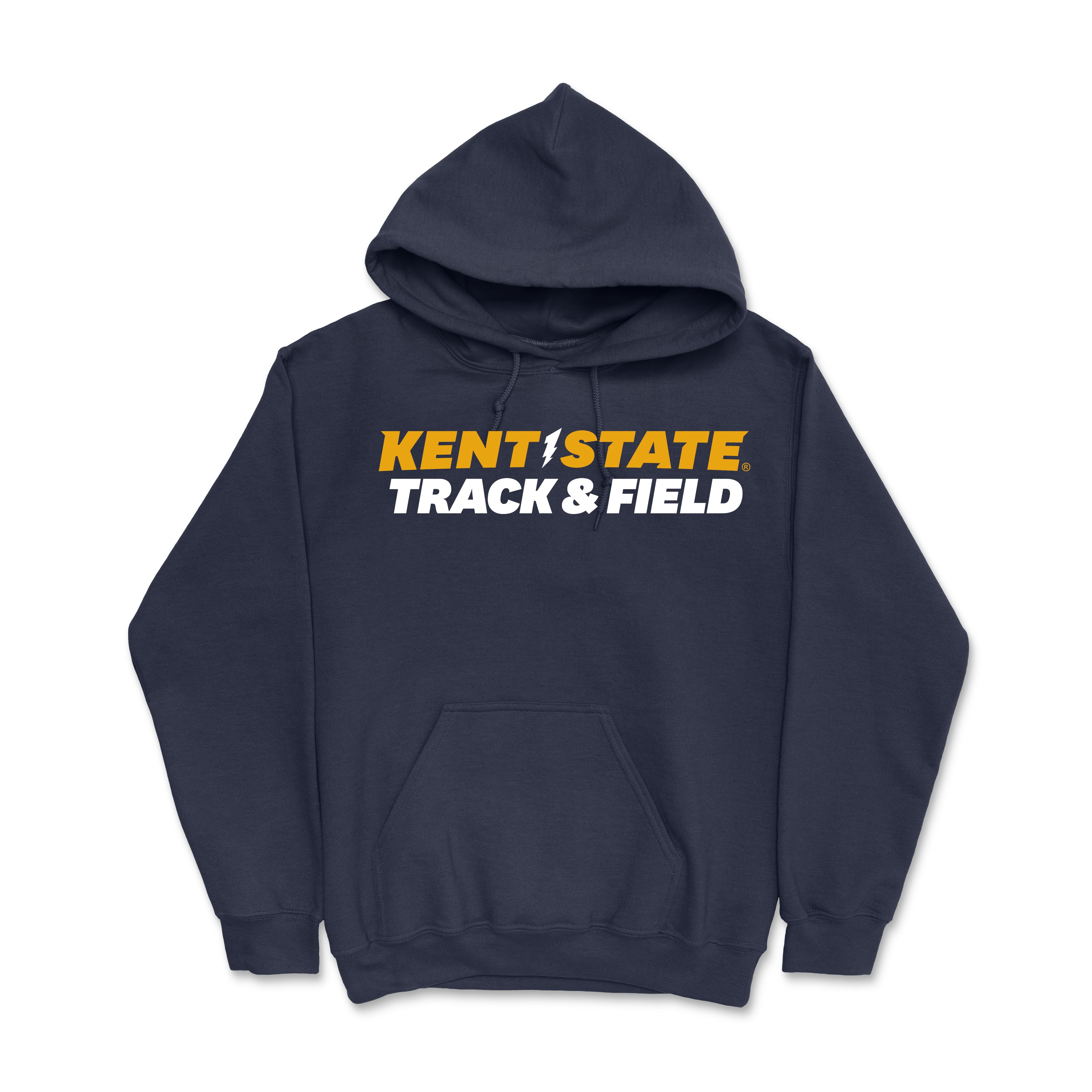 Kent State Track And Field Hoodie in navy blue featuring bold yellow and white lettering with a front kangaroo pocket and adjustable hood, perfect for Kent State apparel fans.